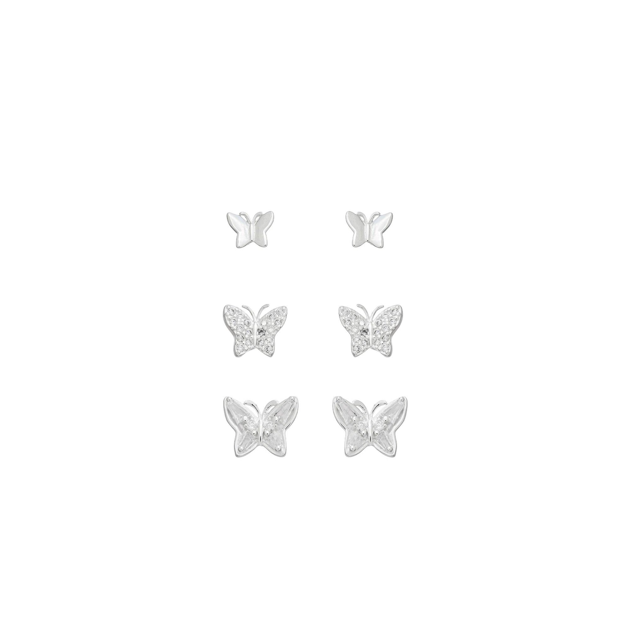 Kit 3 Brinco Prata 925 Borboleta Liso PP, Borboleta Cravejada e Borboleta Vazada Prata 3