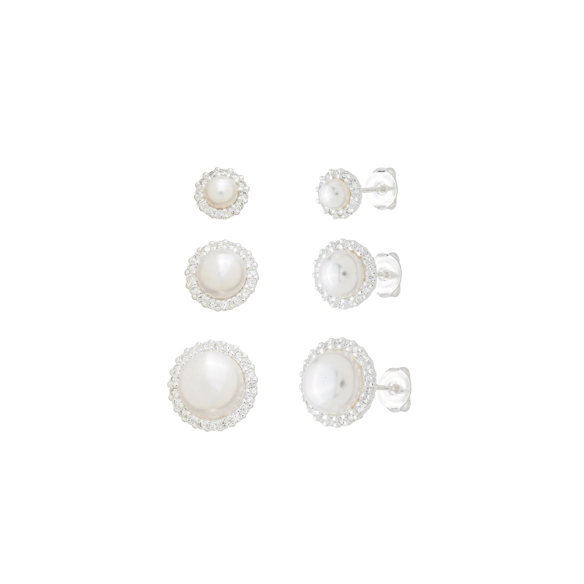 Kit Brincos Prata 925 Pérola Borda Cravejada 7mm, 9mm e 1,1cm