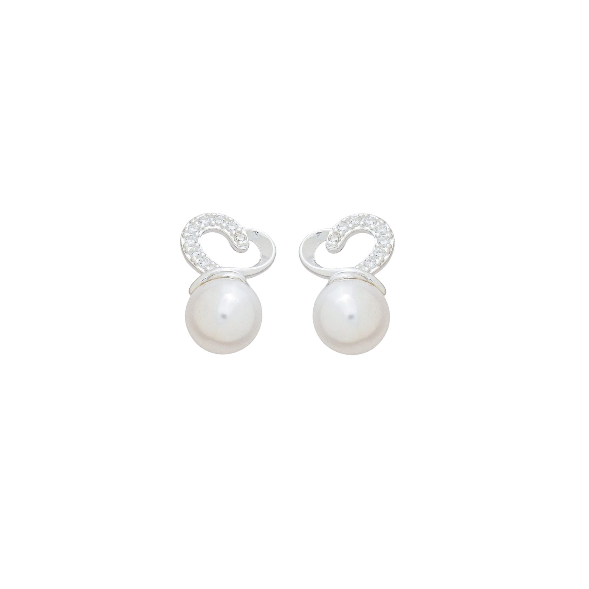 Brinco Prata 925 Coração Vazado Cravejado e Pérola