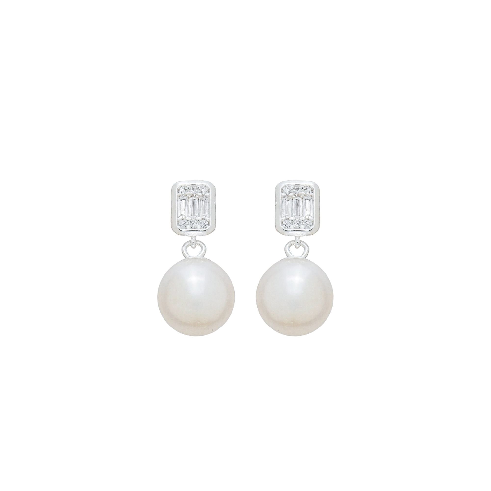 Brinco Prata 925 Zircônia Quadrada e Pérola 8mm