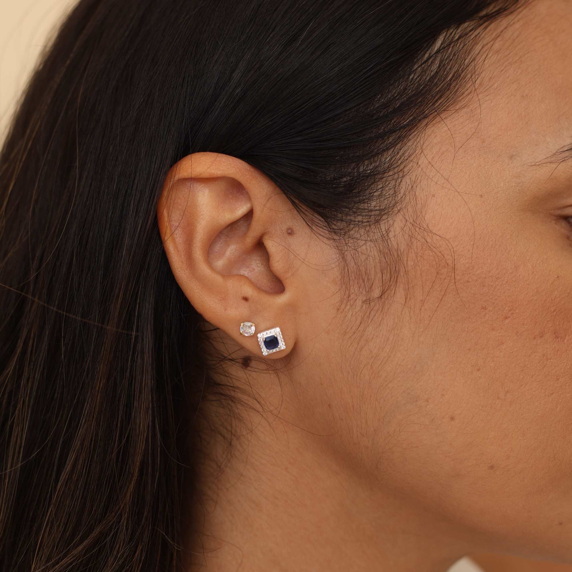 Brinco Prata 925 Zircônia Quadrada Azul Borda Cravejada Prata 3