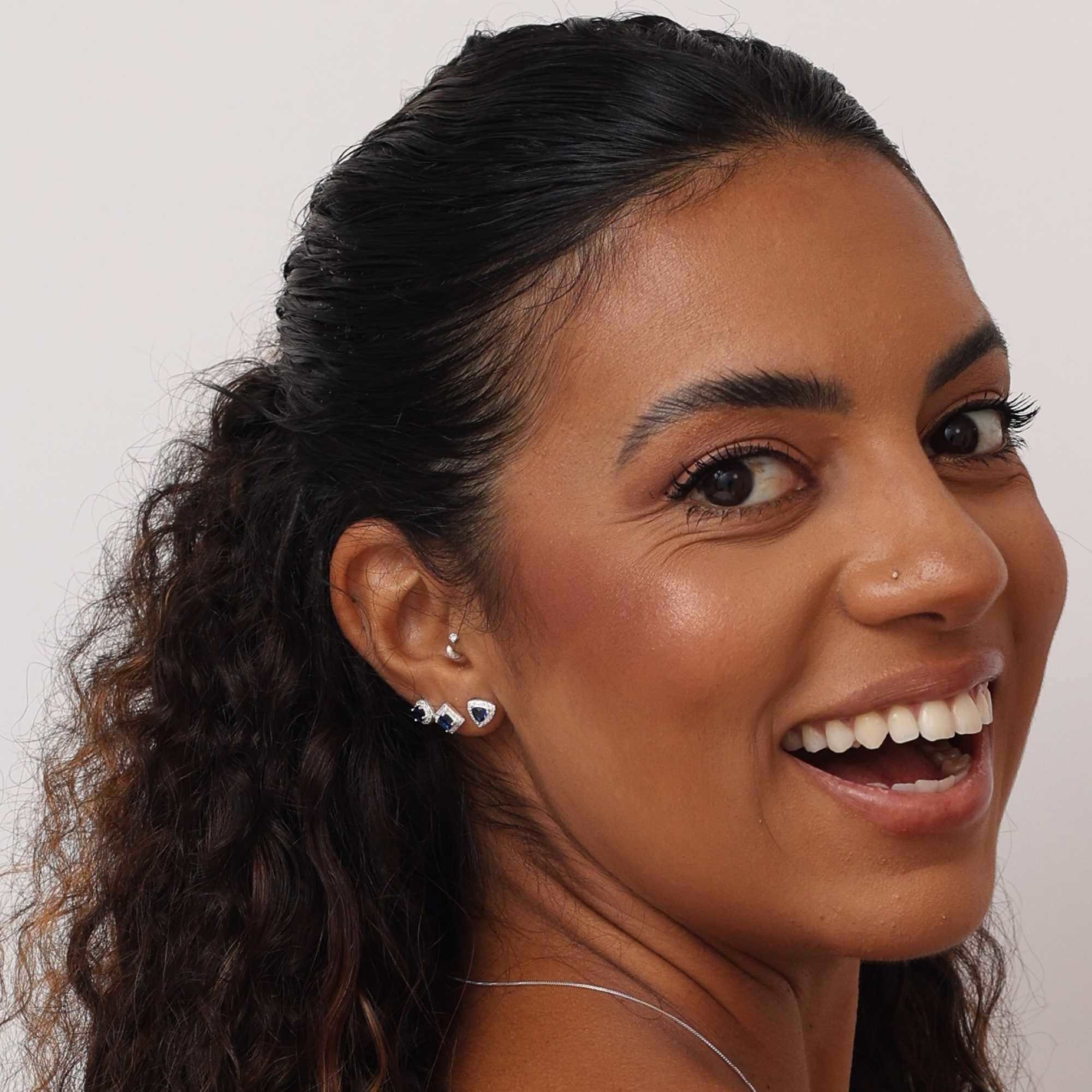 Kit Brinco Prata 925 Geométrico Ponto de Luz, Quadrado e Triângulo Zircônia Azul Prata 3