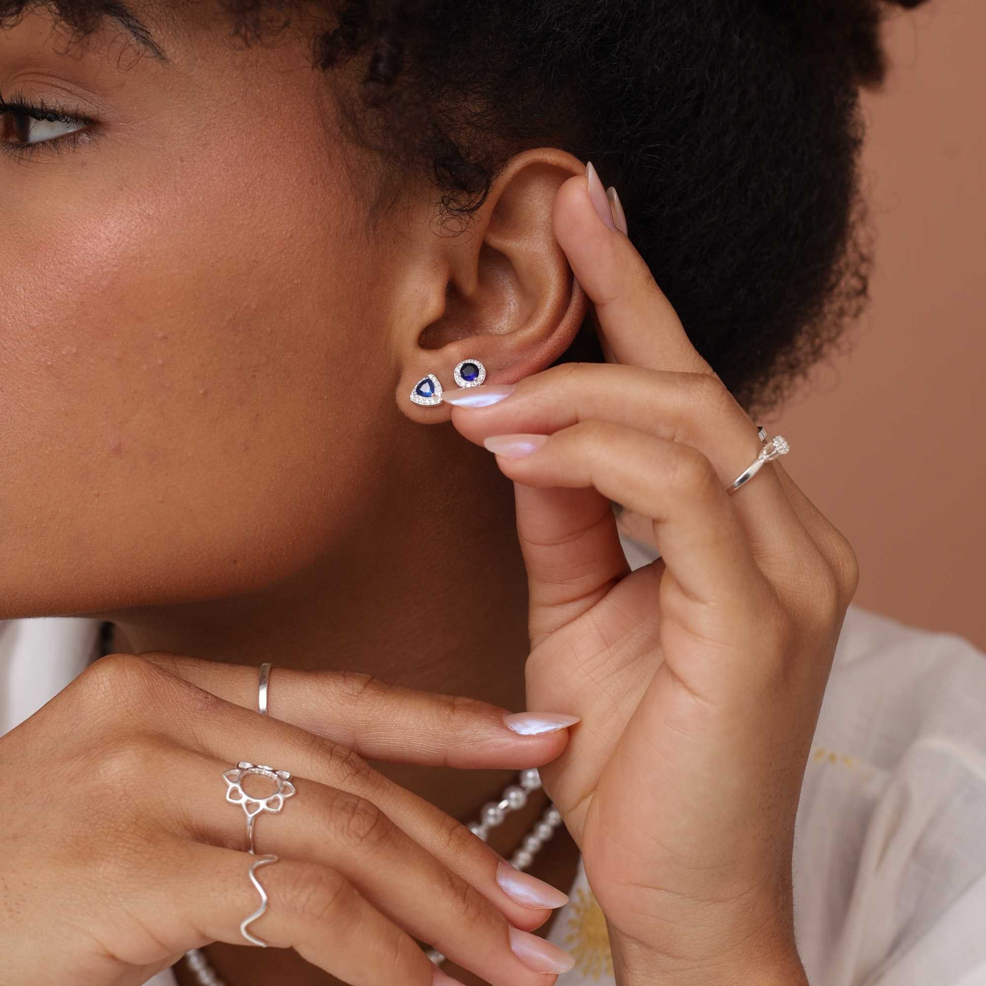 Kit Brinco Prata 925 Geométrico Ponto de Luz, Quadrado e Triângulo Zircônia Azul Prata 5