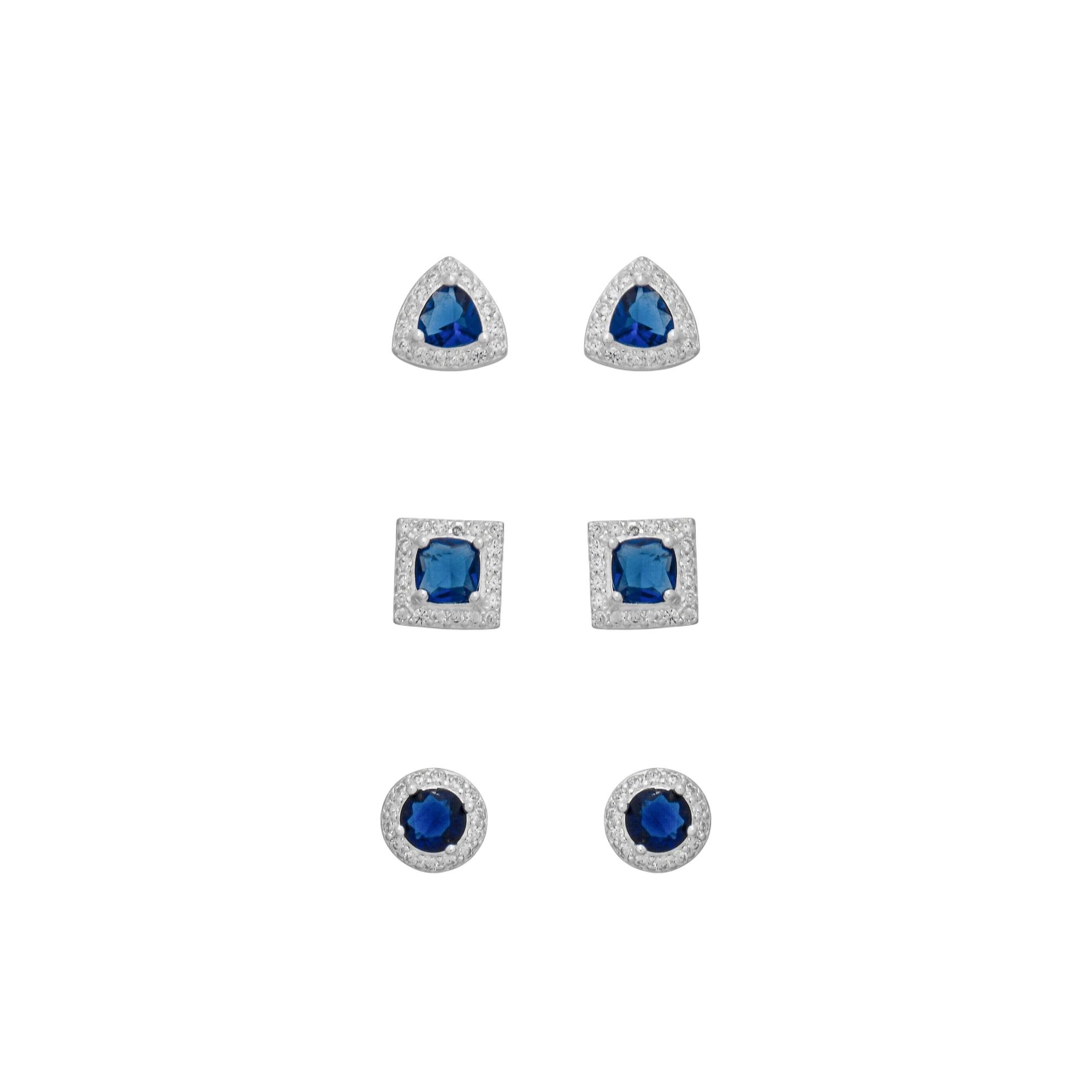 Kit Brinco Prata 925 Geométrico Ponto de Luz, Quadrado e Triângulo Zircônia Azul Prata 7