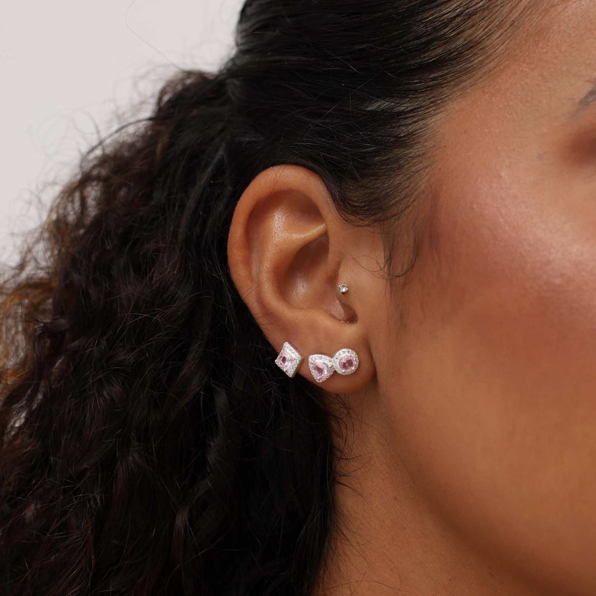 Brinco Prata 925 Zircônia Quadrada Rosa Claro Borda Cravejada Prata 2