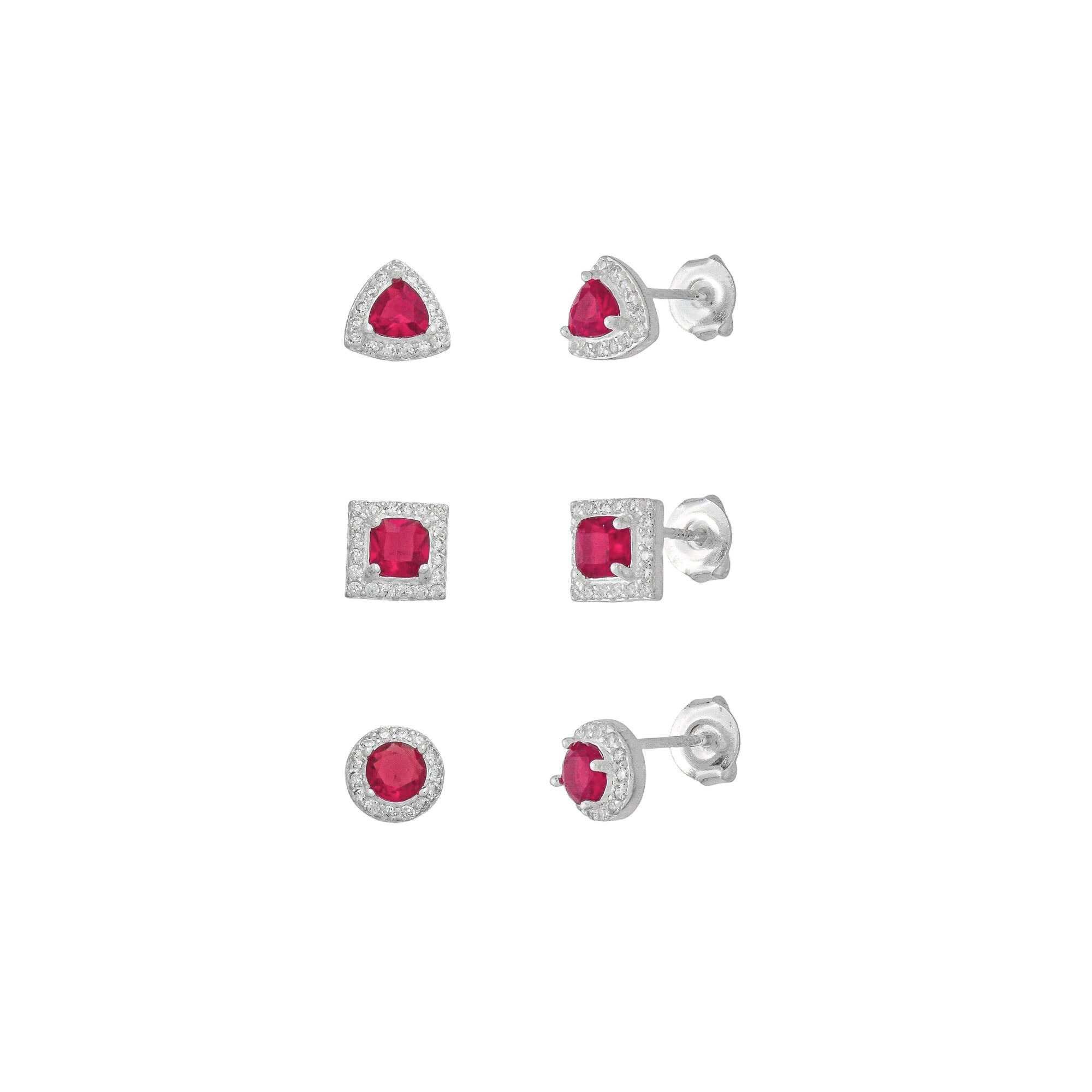 Kit Brinco Prata 925 Geométrico Ponto de Luz, Quadrado e Triângulo Zircônia Rosa