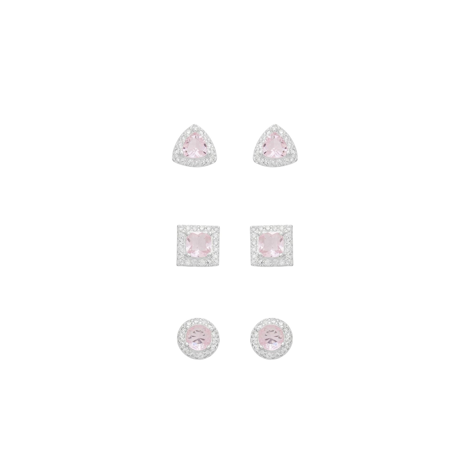 Kit Brinco Prata 925 Geométrico Ponto de Luz, Quadrado e Triângulo Zircônia Rosa Claro