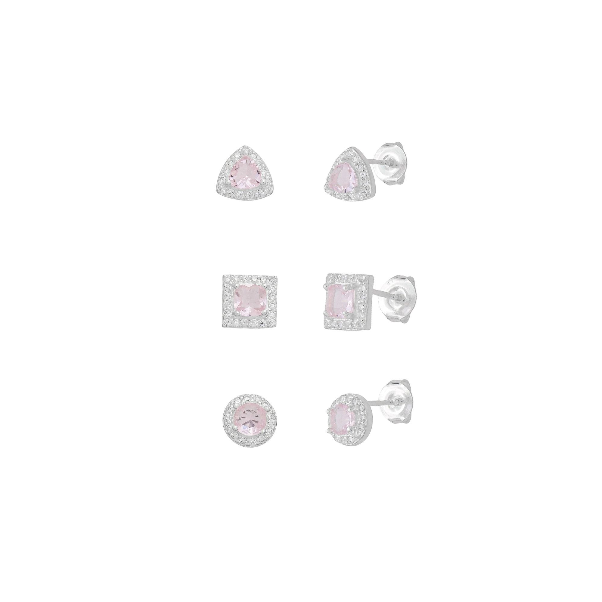 Kit Brinco Prata 925 Geométrico Ponto de Luz, Quadrado e Triângulo Zircônia Rosa Claro Prata 5