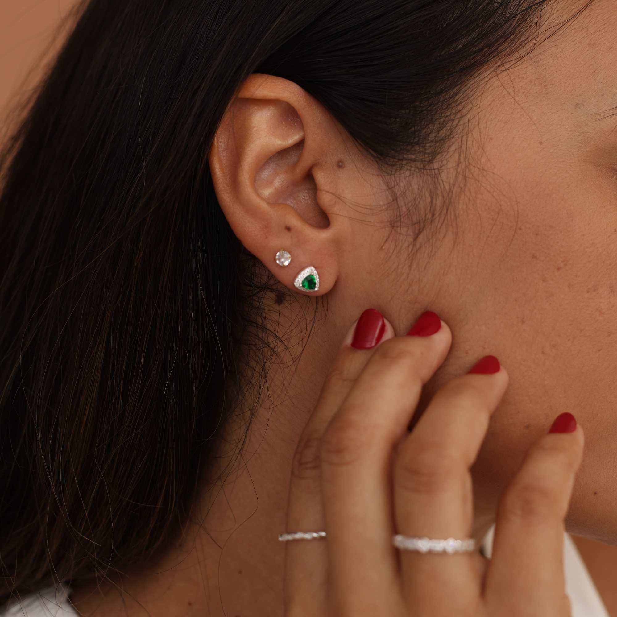 Brinco Prata 925 Zircônia Triângulo Verde Borda Cravejada Prata 5