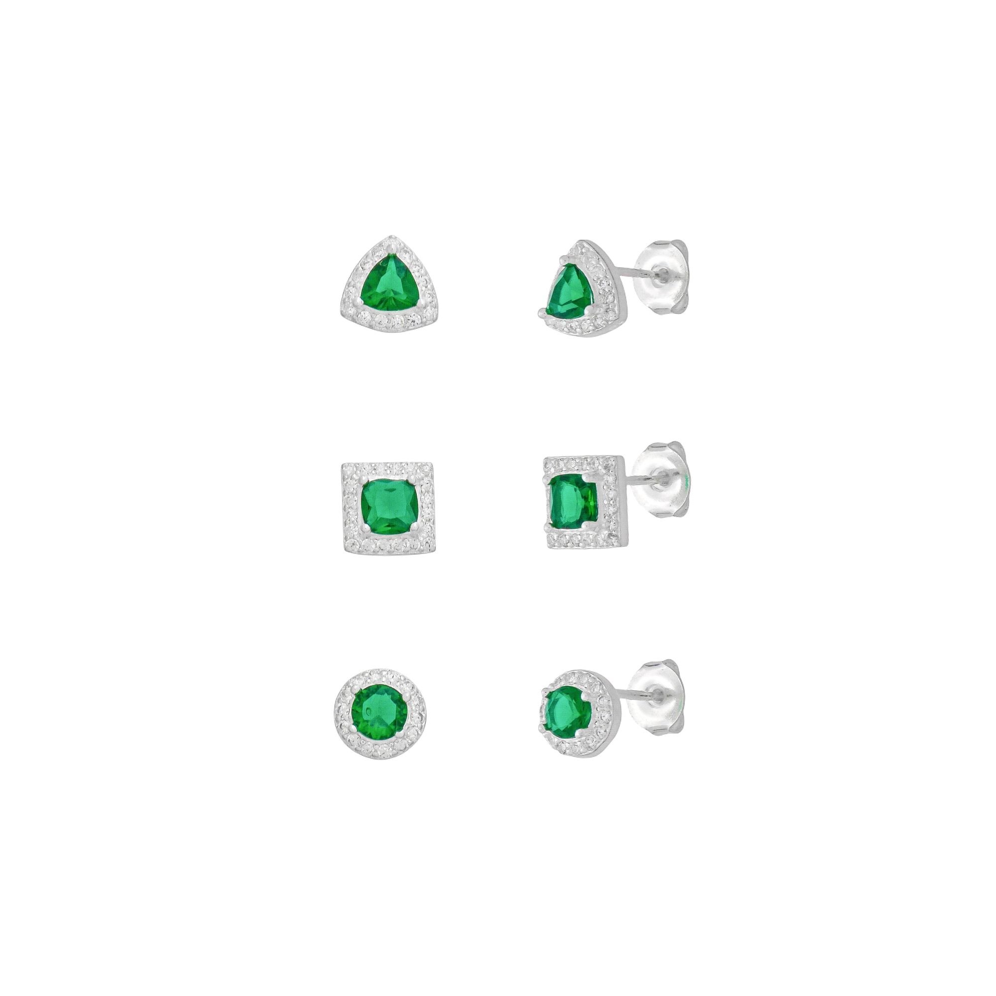 Kit Brinco Prata 925 Geométrico Ponto de Luz, Quadrado e Triângulo Zircônia Verde