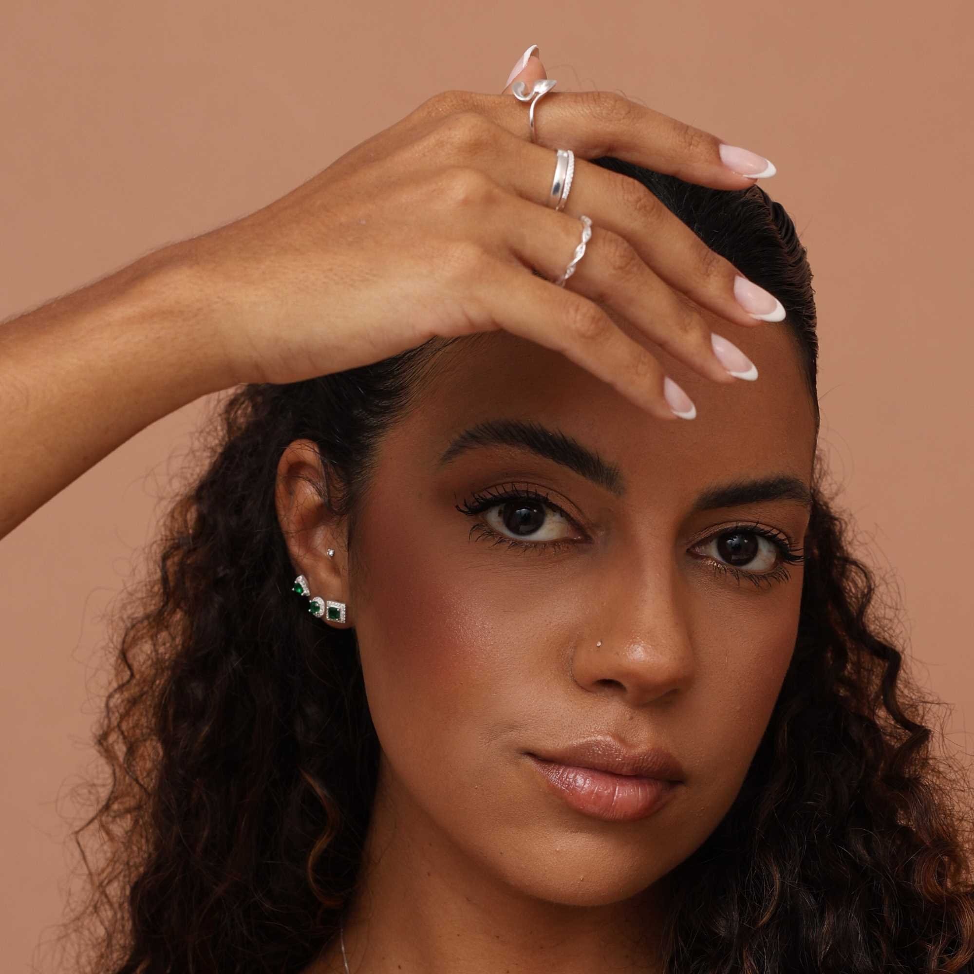 Kit Brinco Prata 925 Geométrico Ponto de Luz, Quadrado e Triângulo Zircônia Verde Prata 3