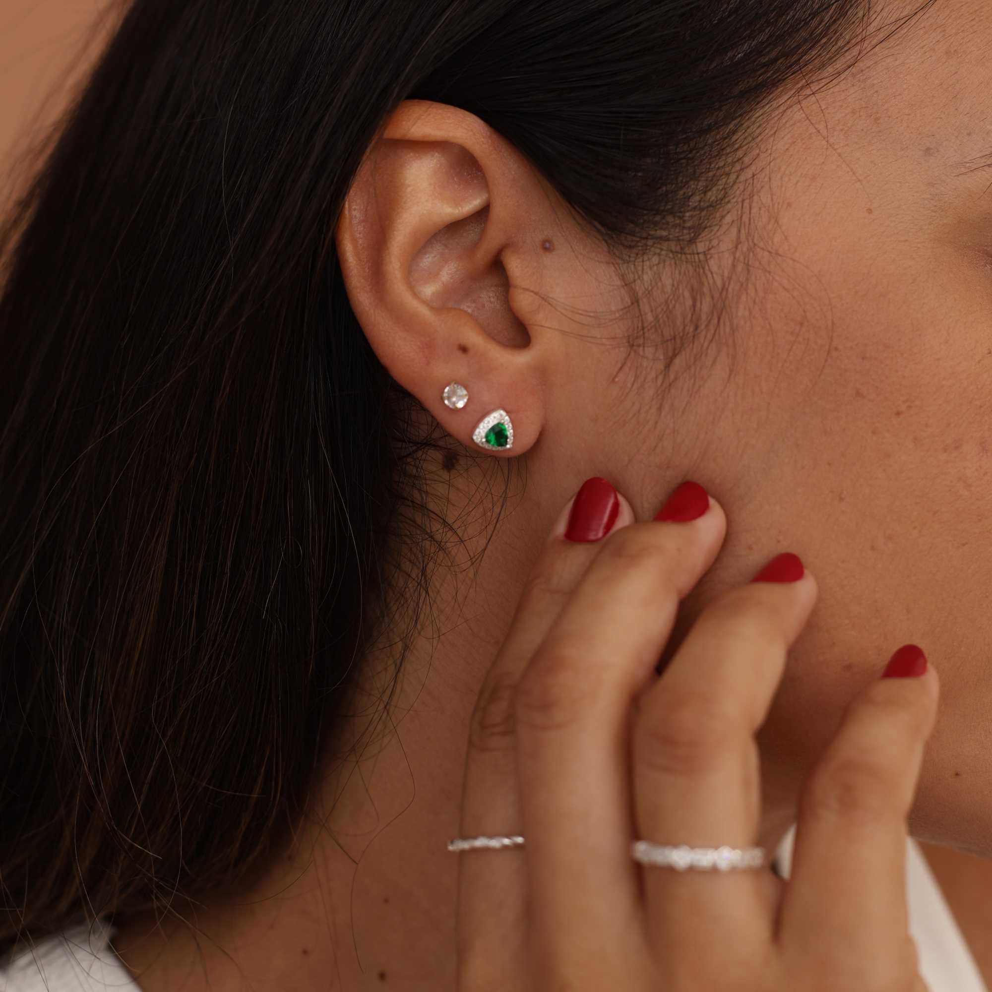 Kit Brinco Prata 925 Geométrico Ponto de Luz, Quadrado e Triângulo Zircônia Verde Prata 4