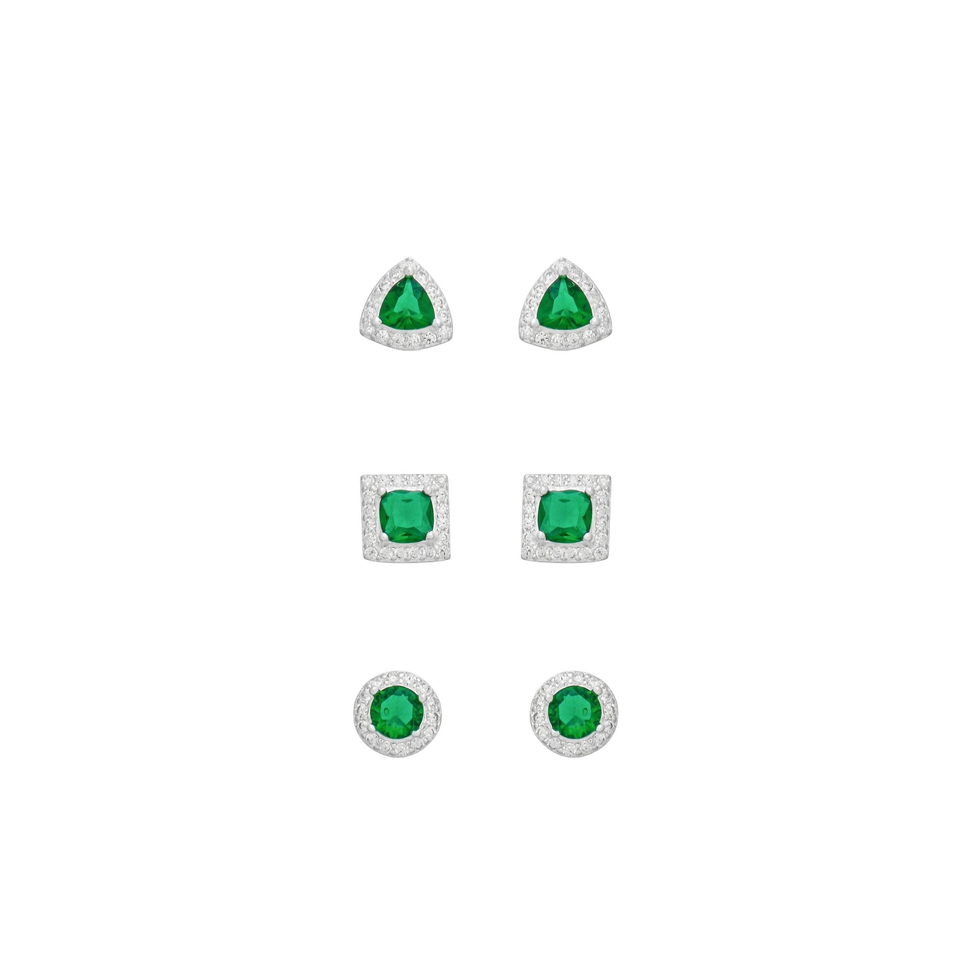 Kit Brinco Prata 925 Geométrico Ponto de Luz, Quadrado e Triângulo Zircônia Verde Prata 6