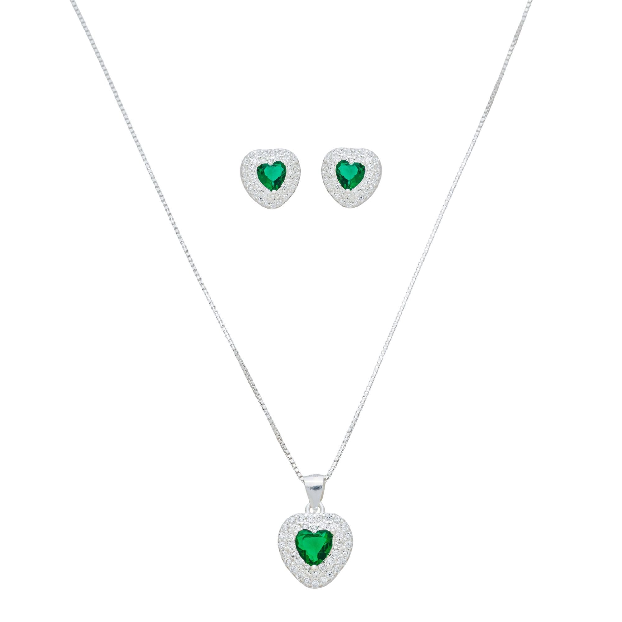 Conjunto Prata 925 Coração Verde Borda Cravejada