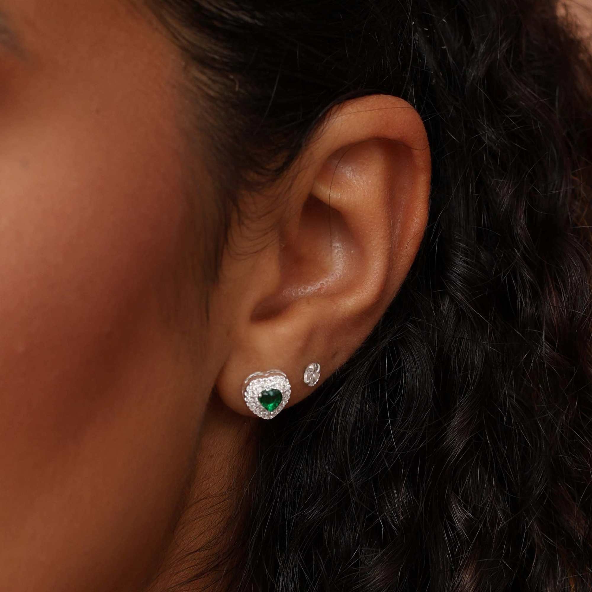 Conjunto Prata 925 Coração Verde Borda Cravejada Prata 3