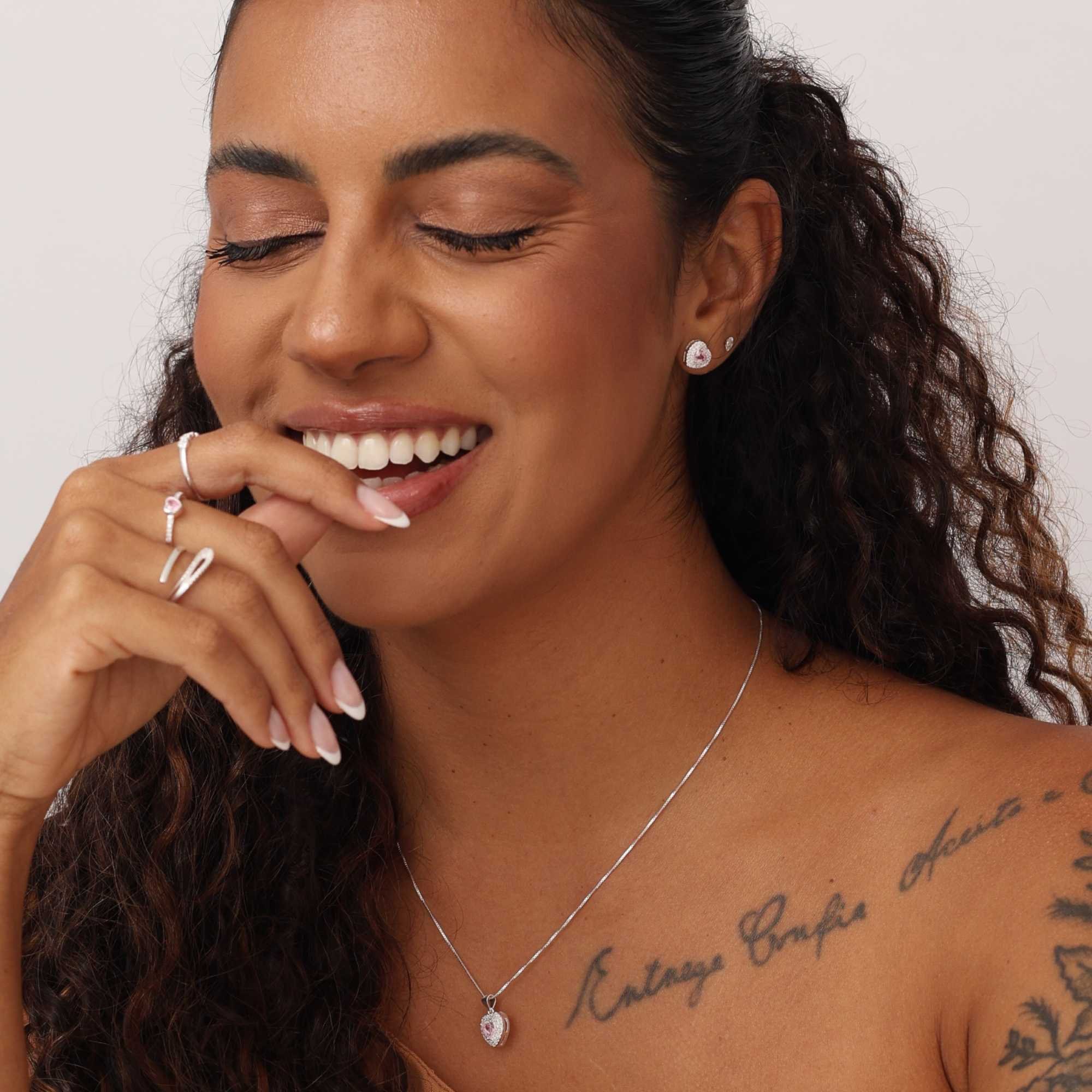 Conjunto Prata 925 Coração Rosa Claro Borda Cravejada Prata 2