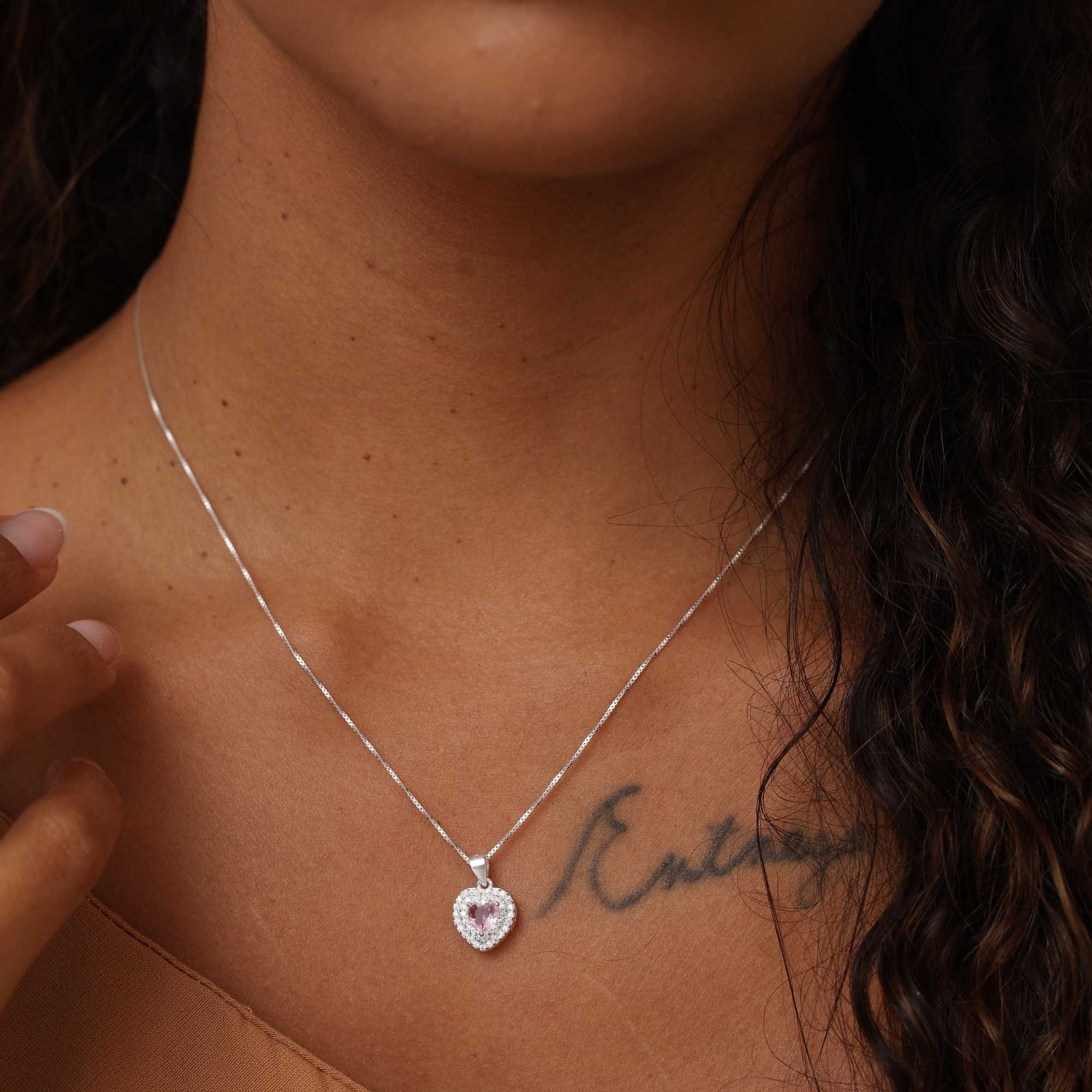 Conjunto Prata 925 Coração Rosa Claro Borda Cravejada Prata 4