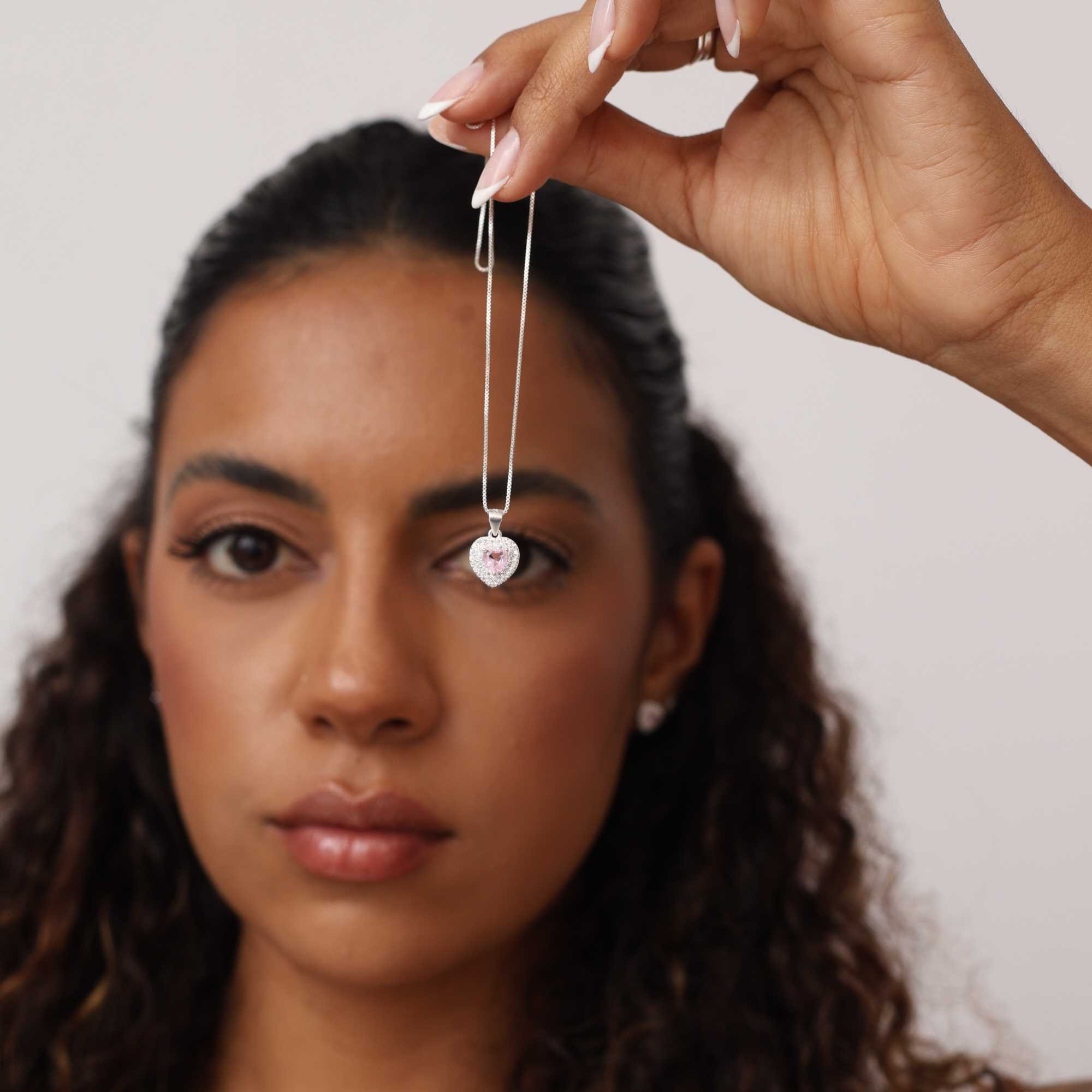 Conjunto Prata 925 Coração Rosa Claro Borda Cravejada Prata 6