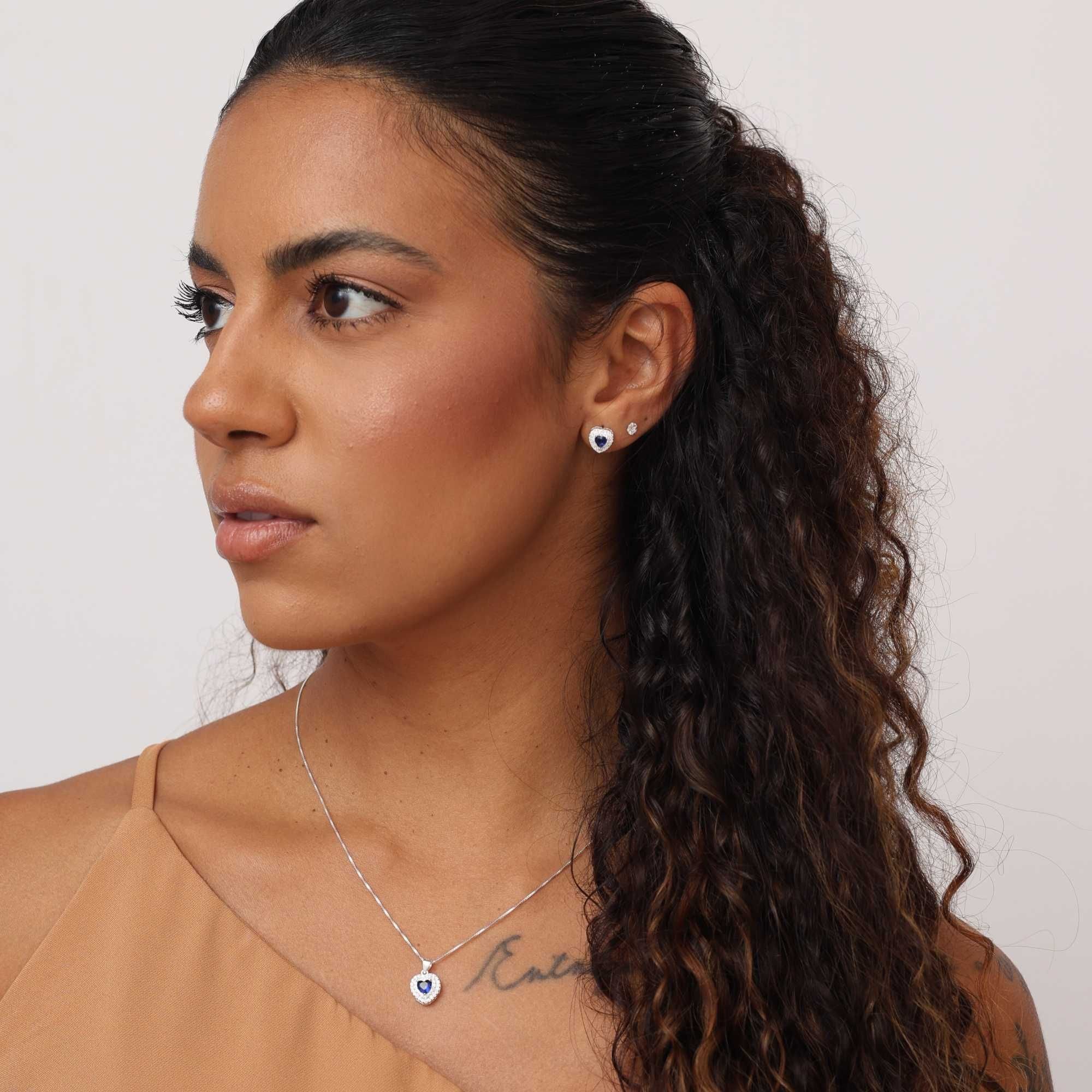 Conjunto Prata 925 Coração Azul Borda Cravejada Prata 2