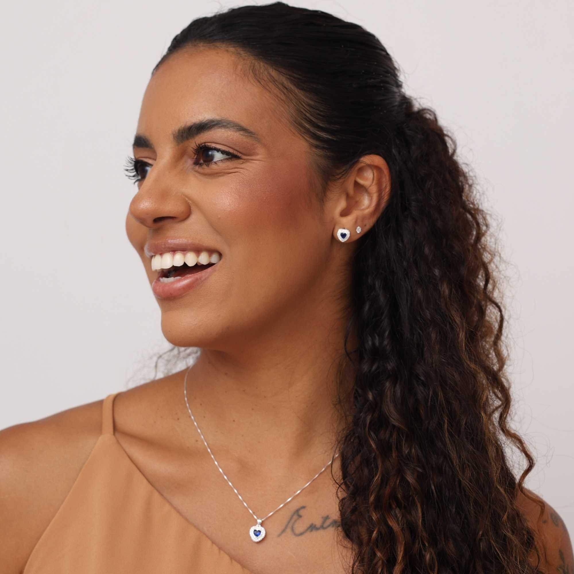 Conjunto Prata 925 Coração Azul Borda Cravejada Prata 3