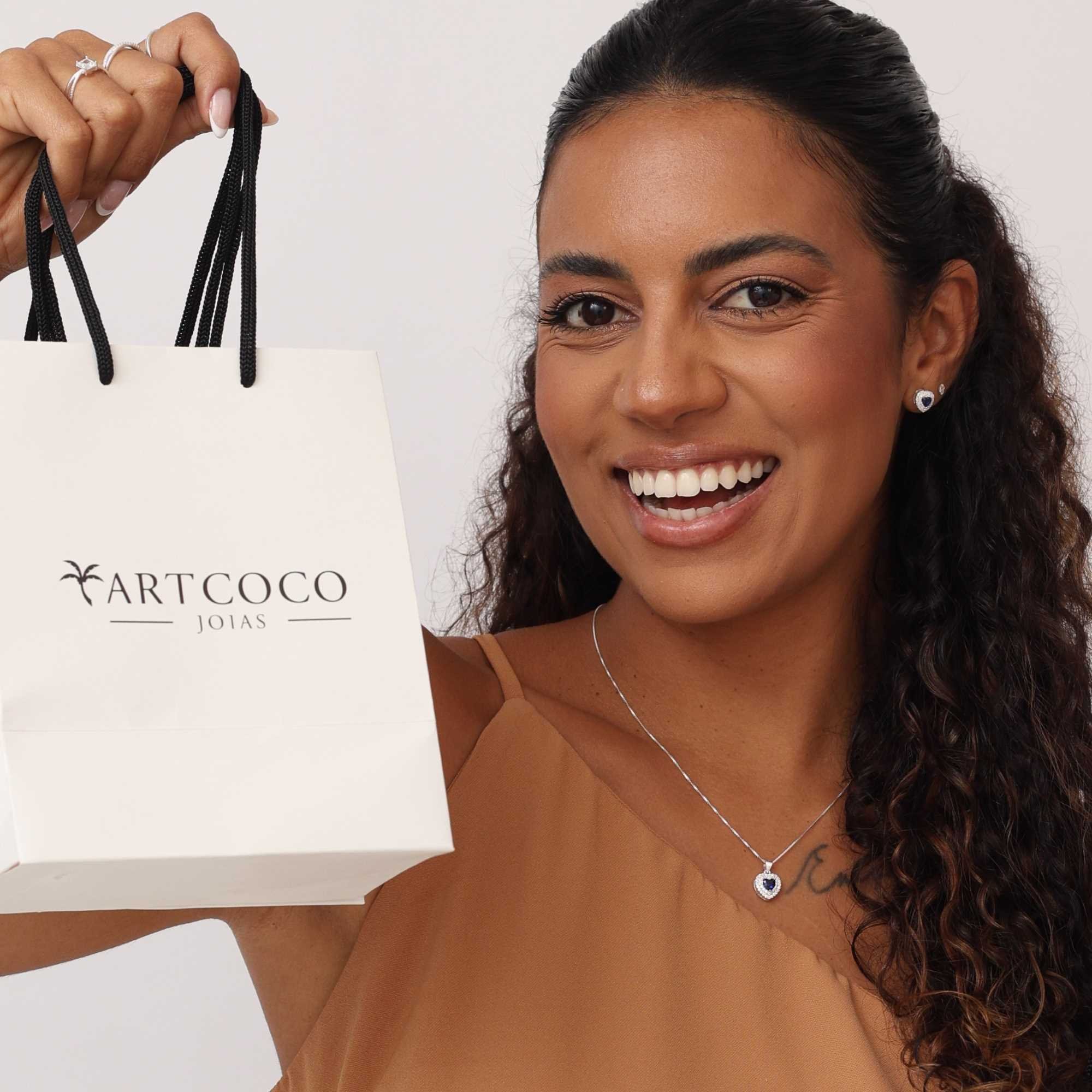 Conjunto Prata 925 Coração Azul Borda Cravejada Prata 6