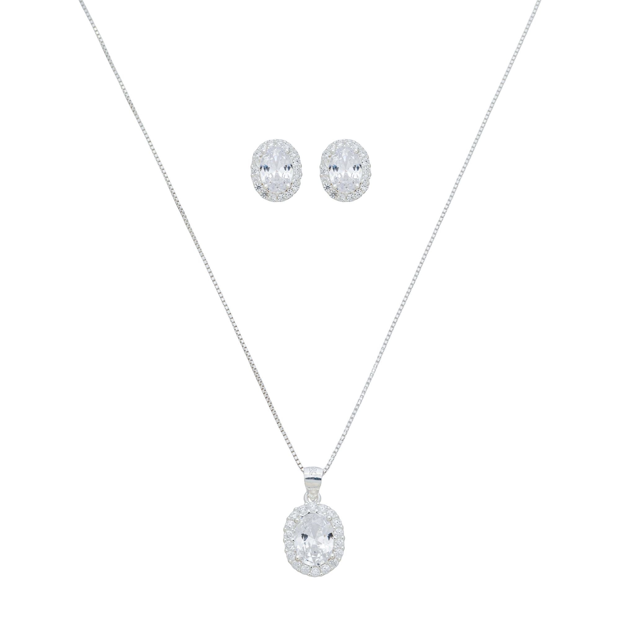 Conjunto Prata 925 Zircônia Oval Borda Cravejada