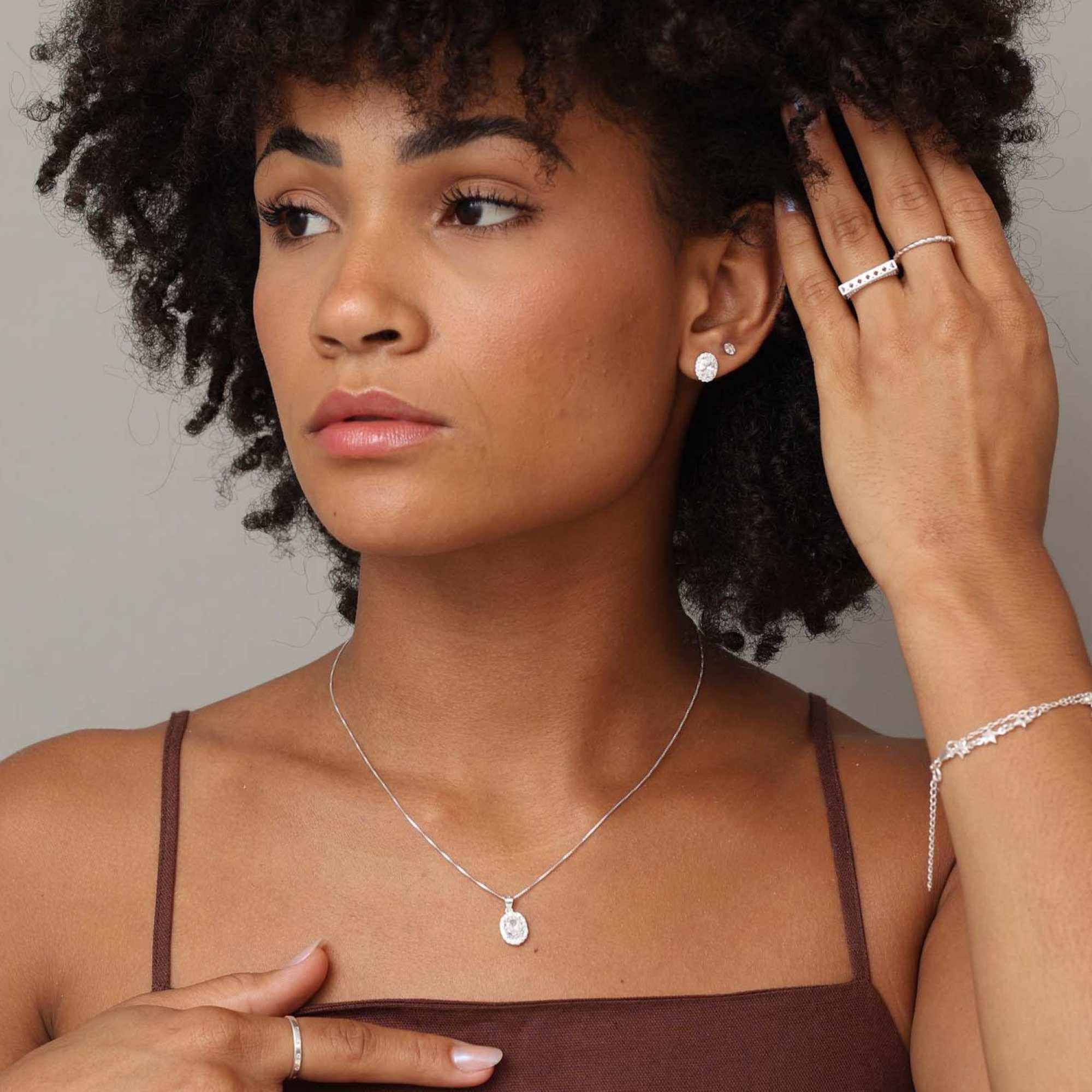 Conjunto Prata 925 Zircônia Oval Borda Cravejada Prata 2