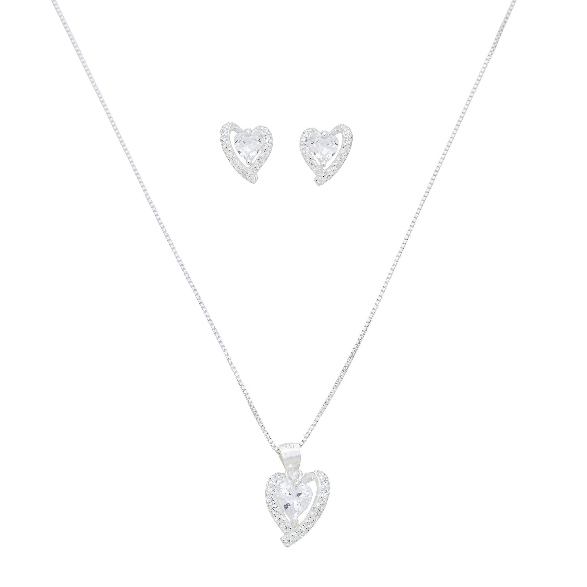 Conjunto Prata 925 Zircônia Coração Borda Cravejada