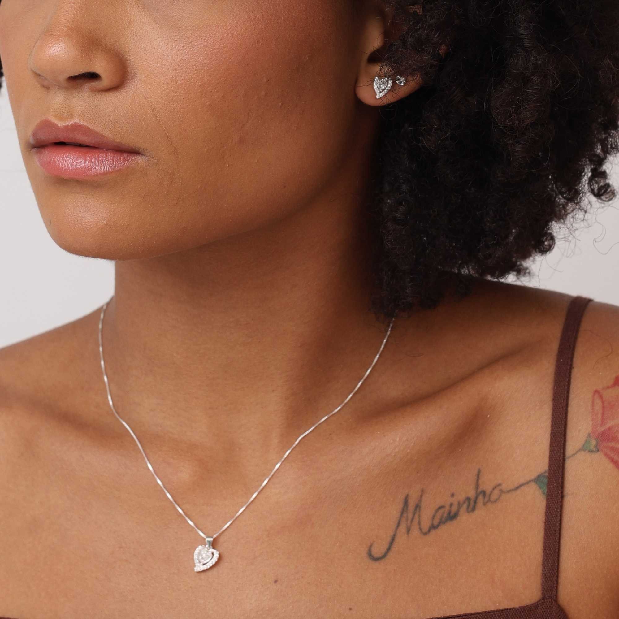 Conjunto Prata 925 Zircônia Coração Borda Cravejada Prata 3