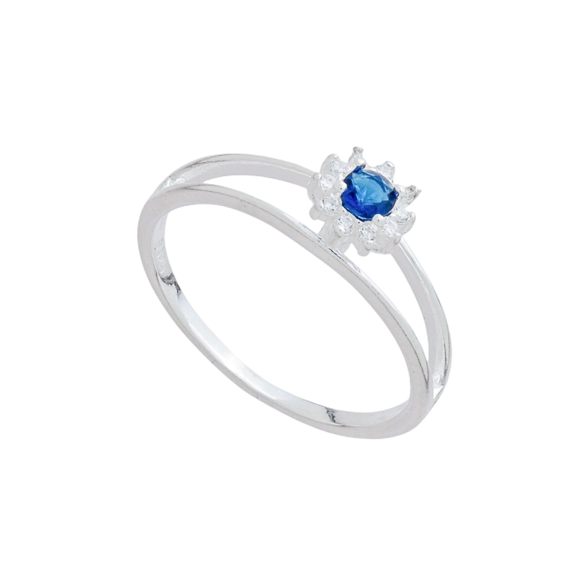 Anel Prata 925 Solitário Flor Cravejada Zircônia Azul Aro Duplo
