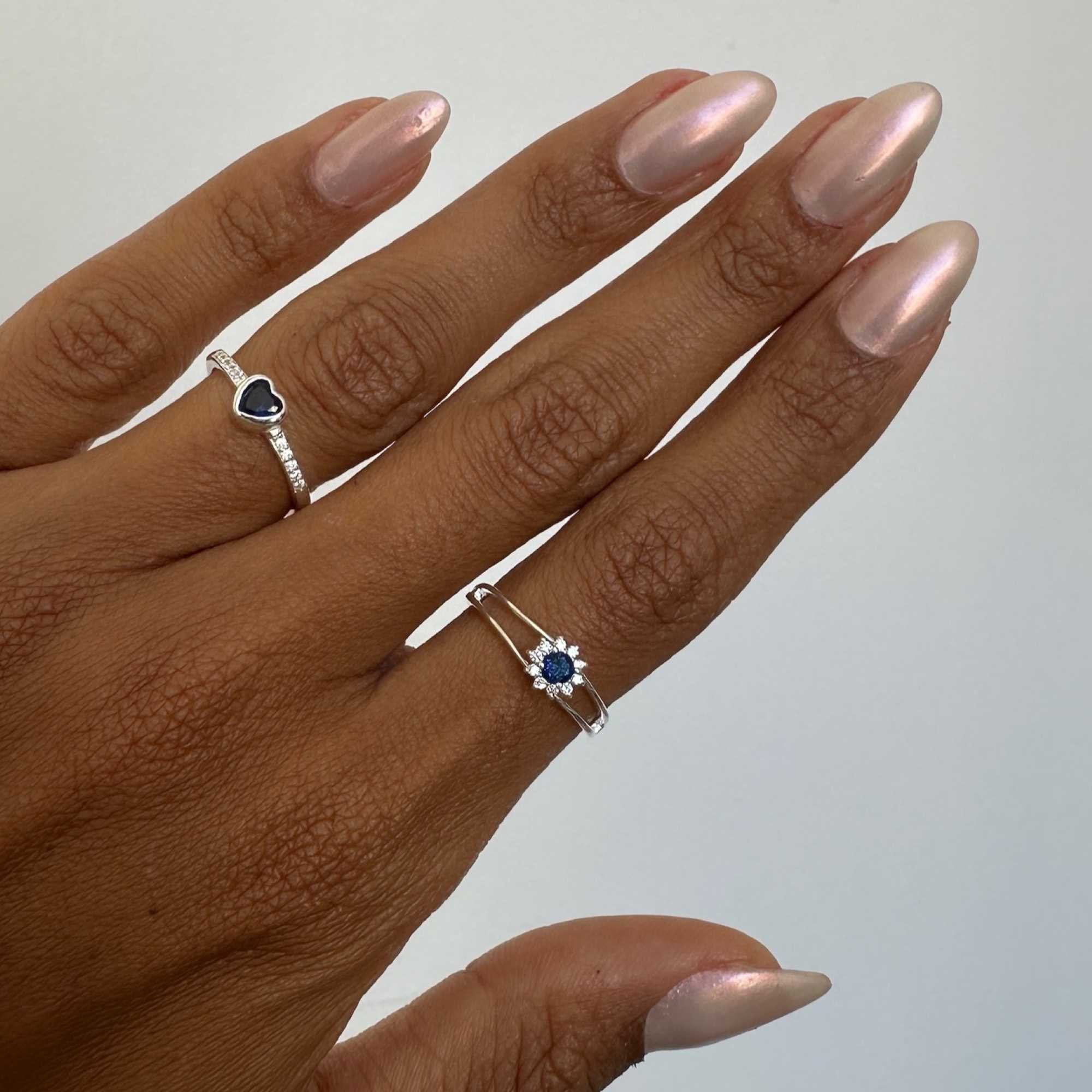 Anel Prata 925 Solitário Flor Cravejada Zircônia Azul Aro Duplo Prata 4