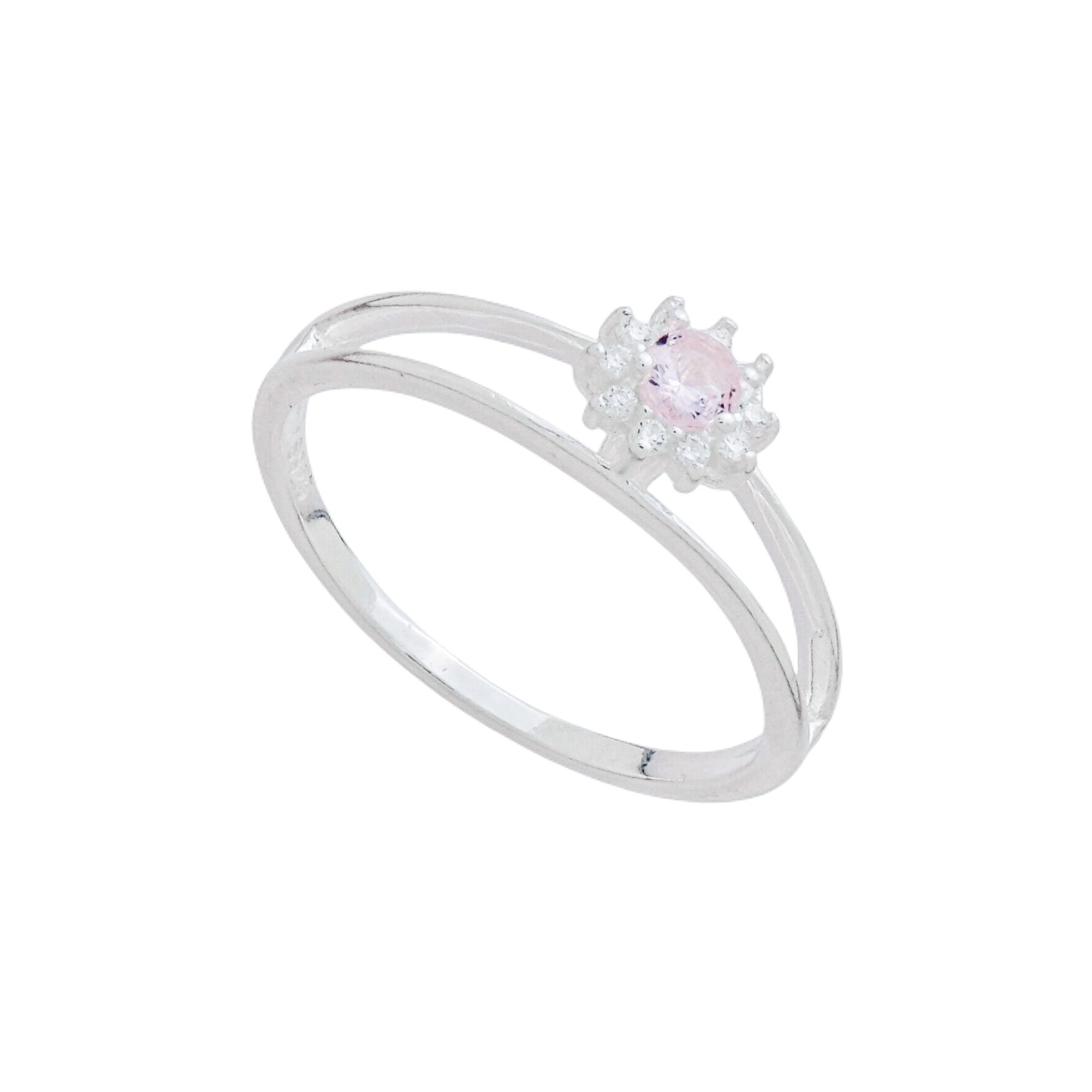 Anel Prata 925 Solitário Flor Cravejada Zircônia Rosa Claro Aro Duplo