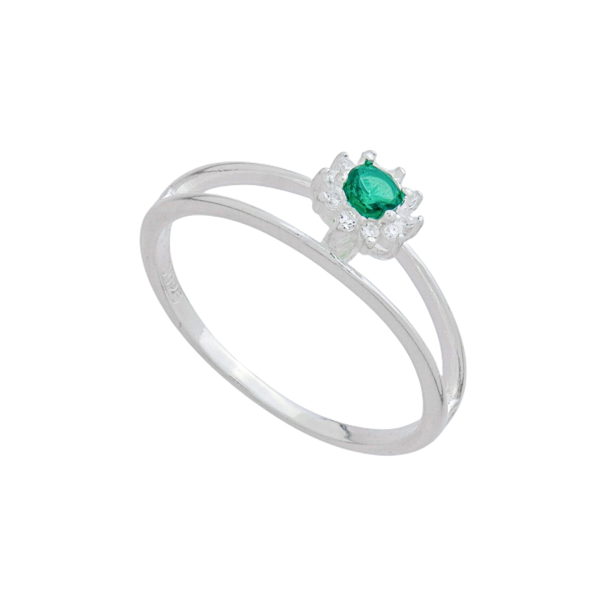Anel Prata 925 Solitário Flor Cravejada Zircônia Verde Aro Duplo