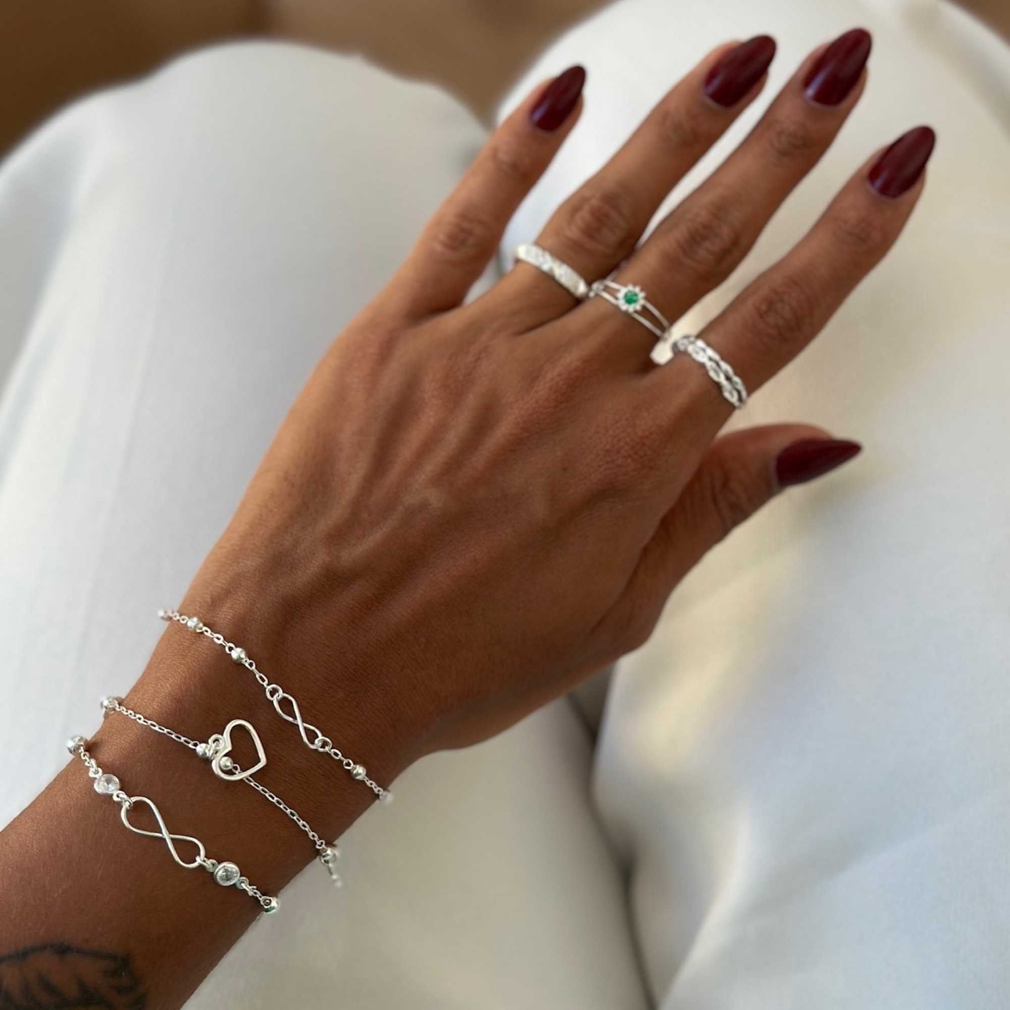 Anel Prata 925 Solitário Flor Cravejada Zircônia Verde Aro Duplo Prata 6