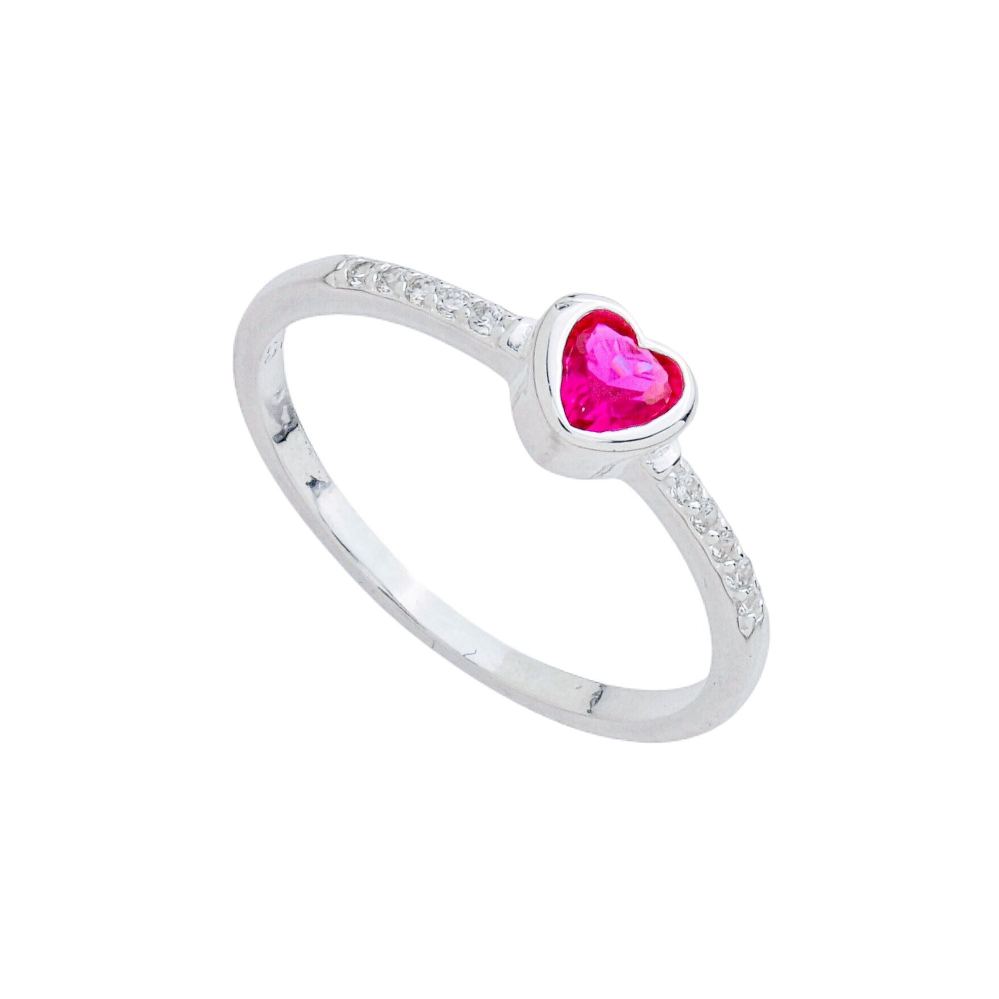 Anel Prata 925 Solitário Coração Zircônia Rosa e Mini Zircônias
