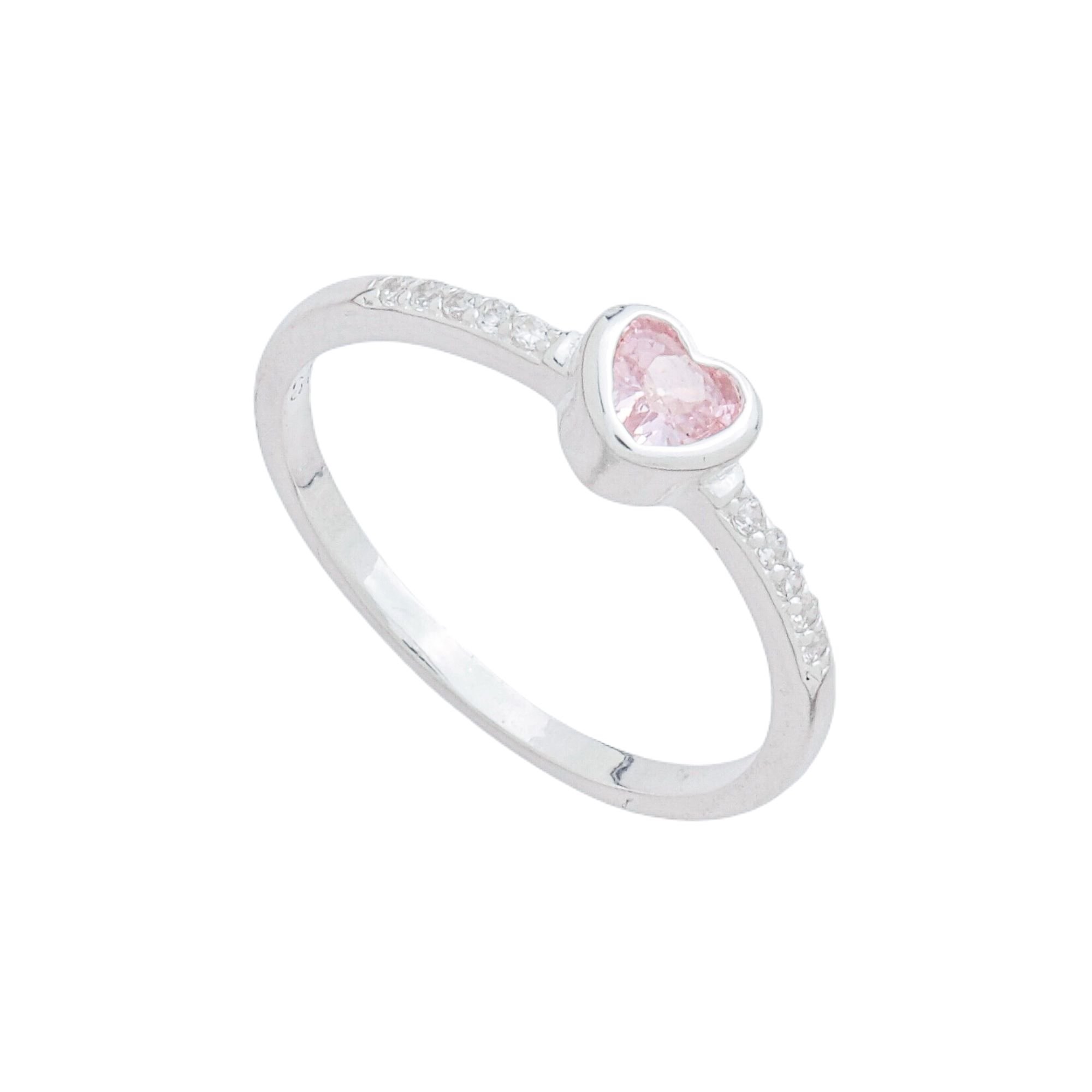 Anel Prata 925 Solitário Coração Zircônia Rosa Claro e Mini Zircônias