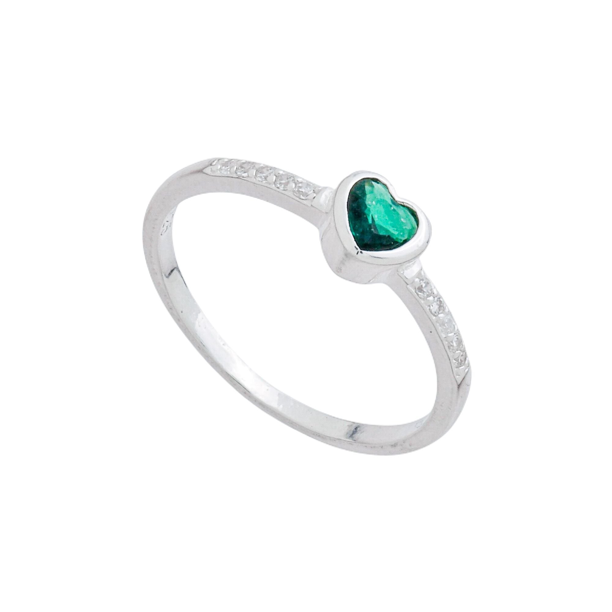 Anel Prata 925 Solitário Coração Zircônia Verde e Mini Zircônias