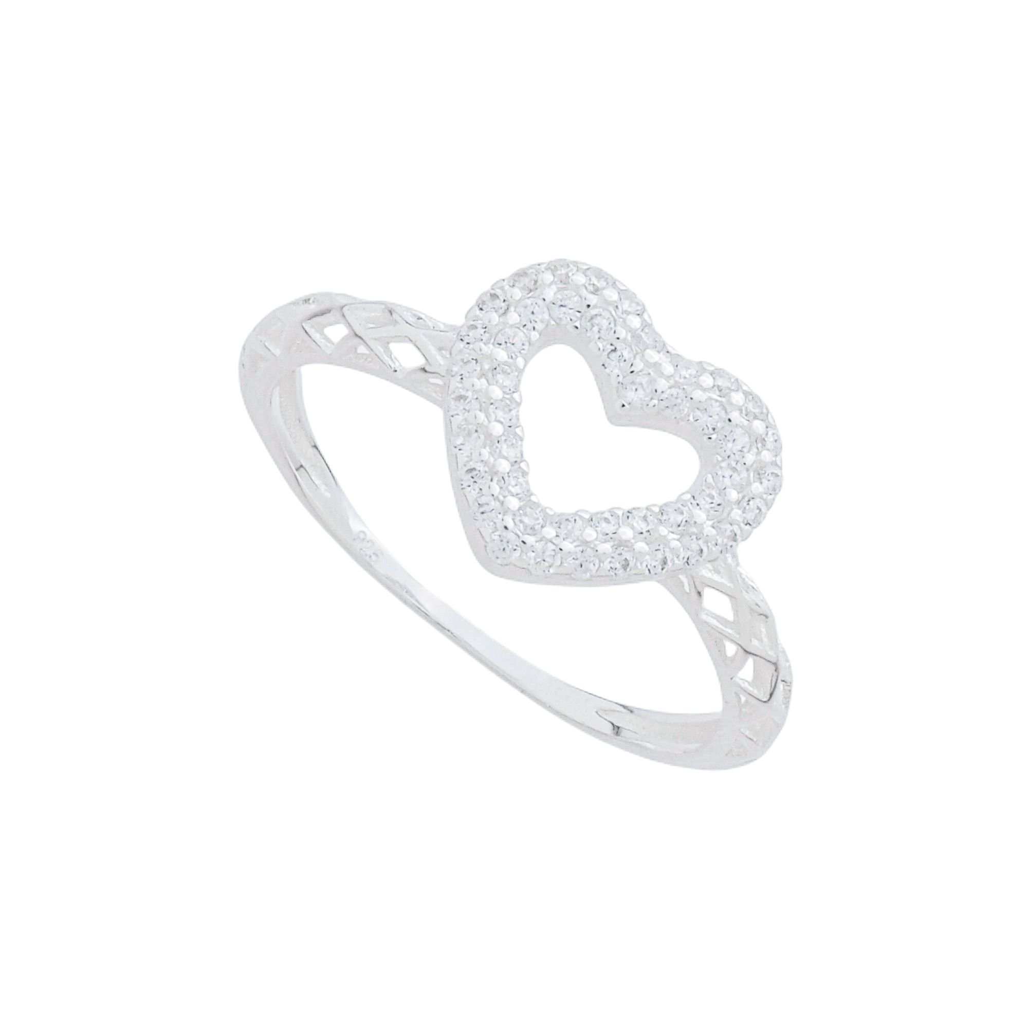 Anel Prata 925 Coração Cravejado e Aro com Detalhe Vazado