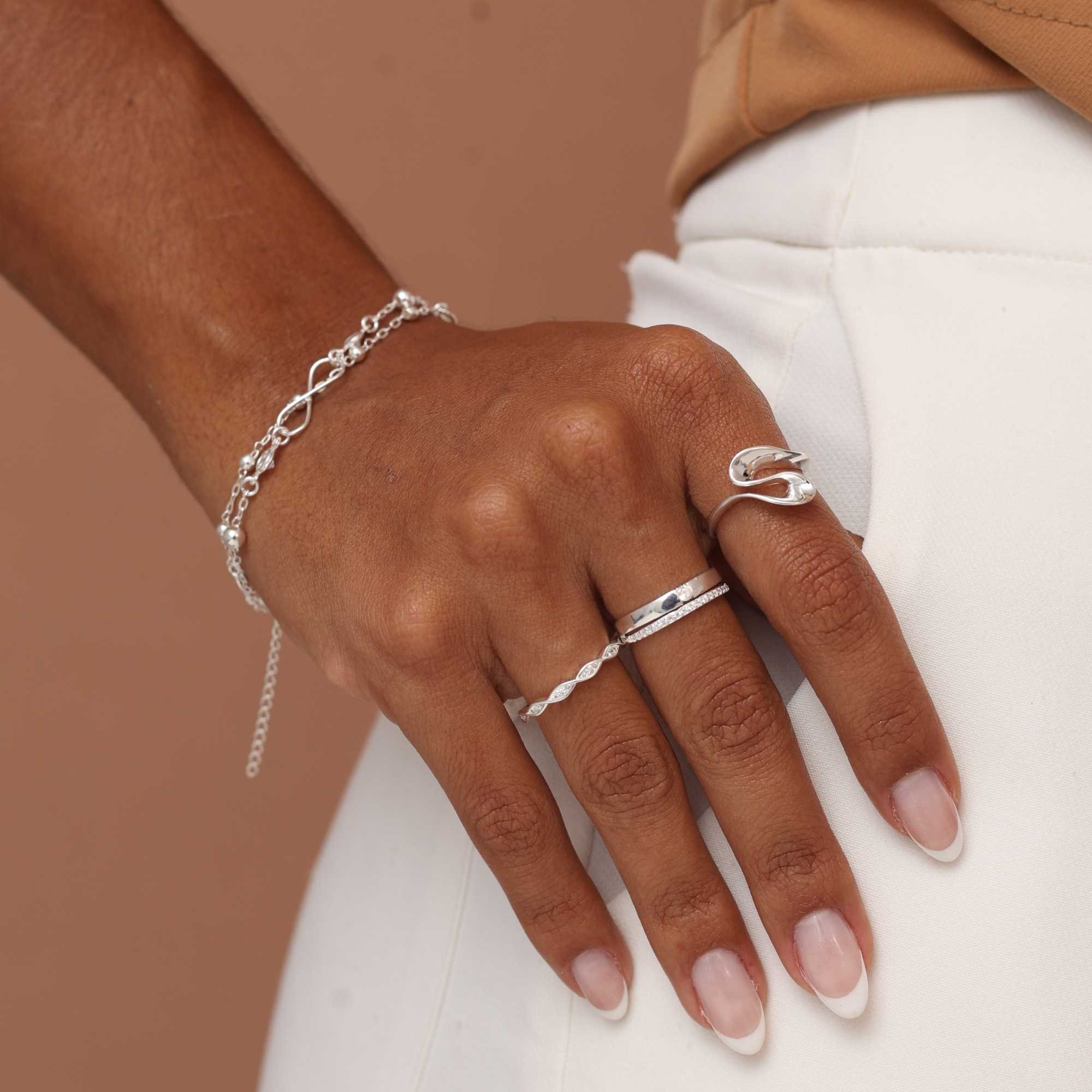 Anel Prata 925 Aro Duplo Aliança Zircônia Redonda e Aparador Mini Zircônias Prata 2