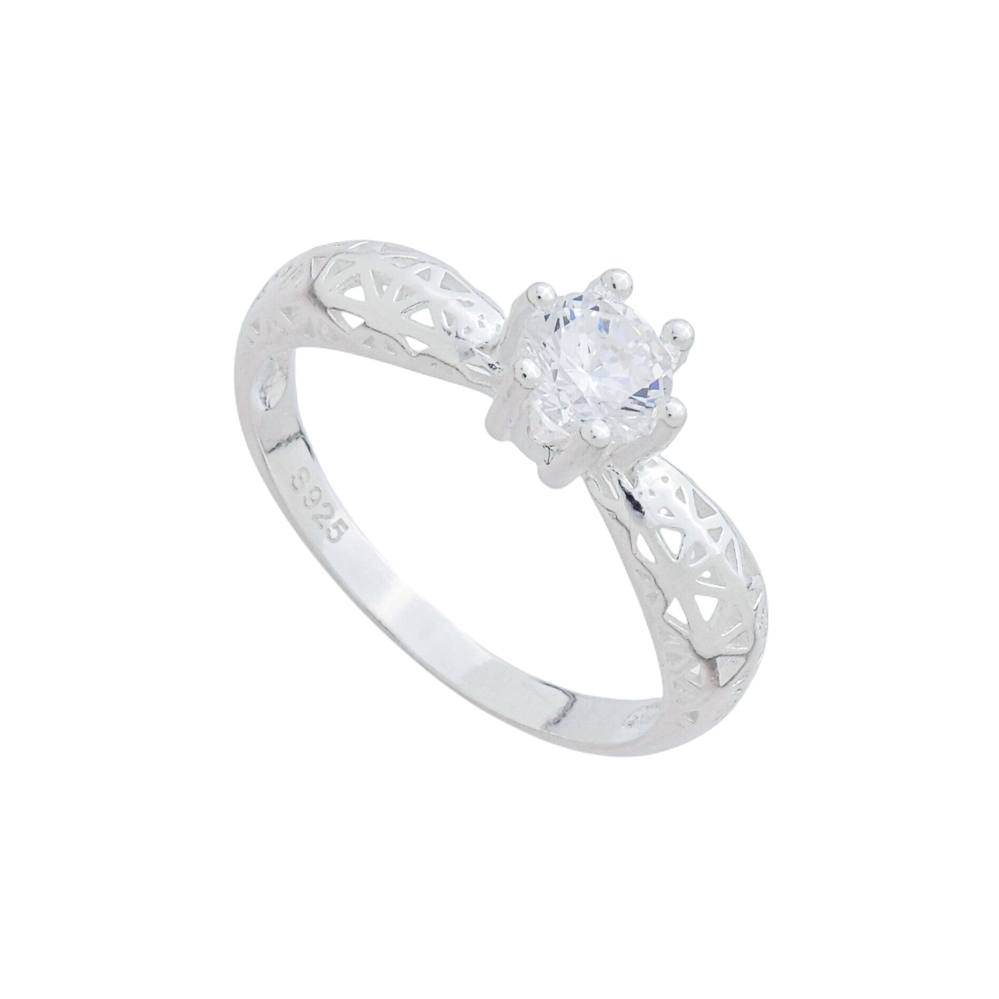 Anel Prata 925 Solitário Aro Detalhes Vazados
