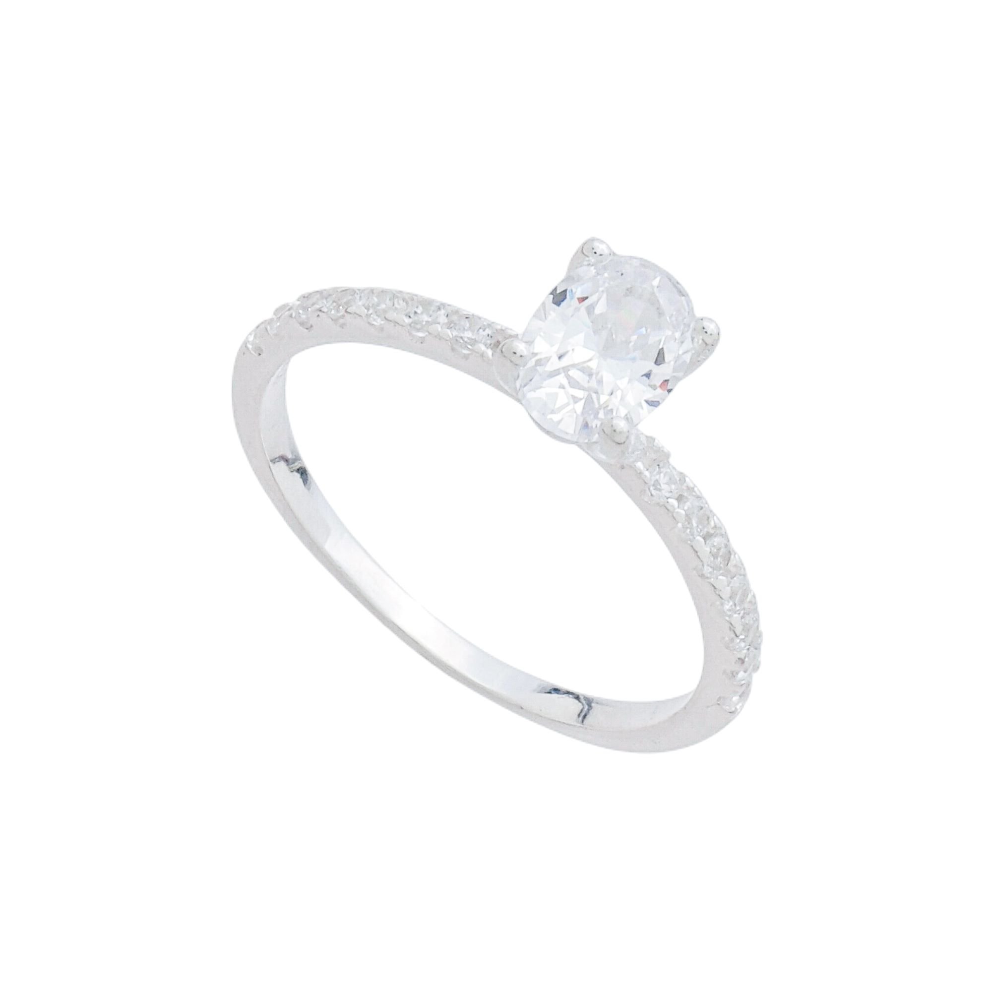 Anel Prata 925 Solitário Zircônia Oval Meio Aro Cravejado