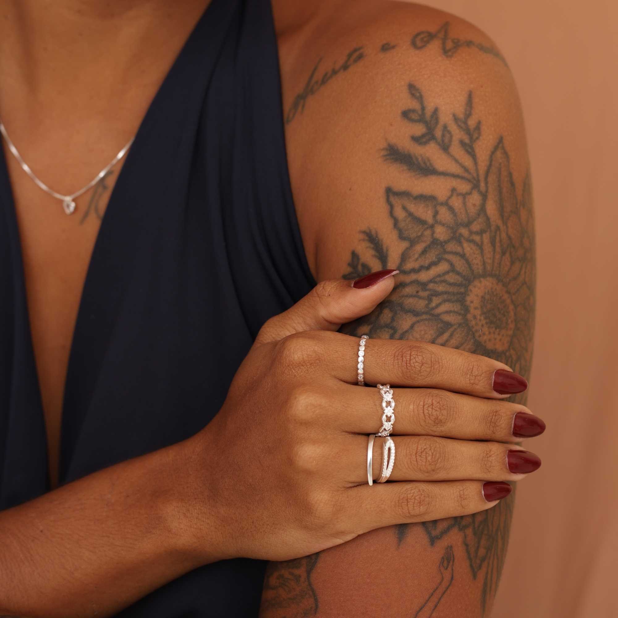 Anel Prata 925 Losangos Lisos e Quadrados Cravejados Prata 4