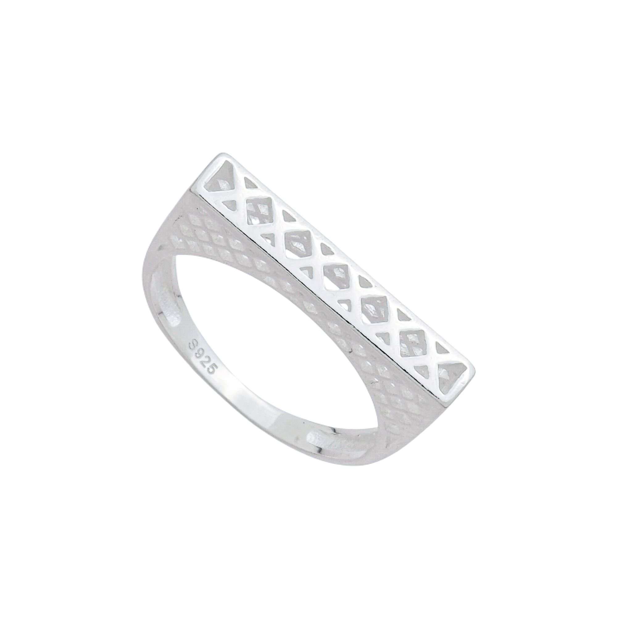 Anel Prata 925 Chapa Vazada Detalhes Geométricos