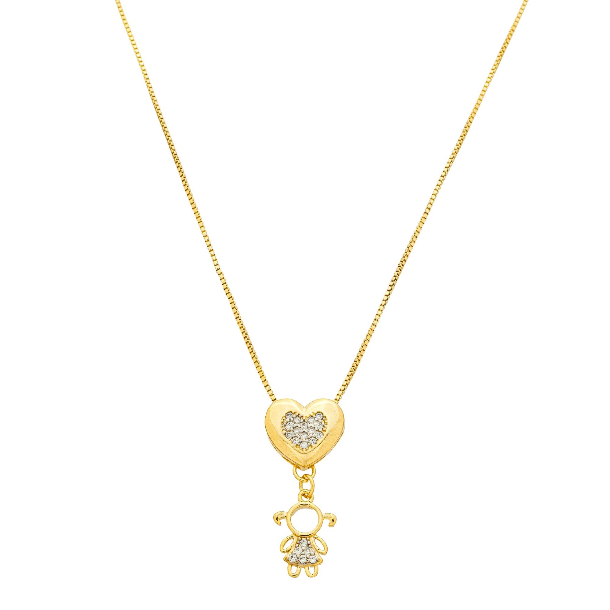 Colar Folheado a Ouro 18k Coração e Filha Cravejado