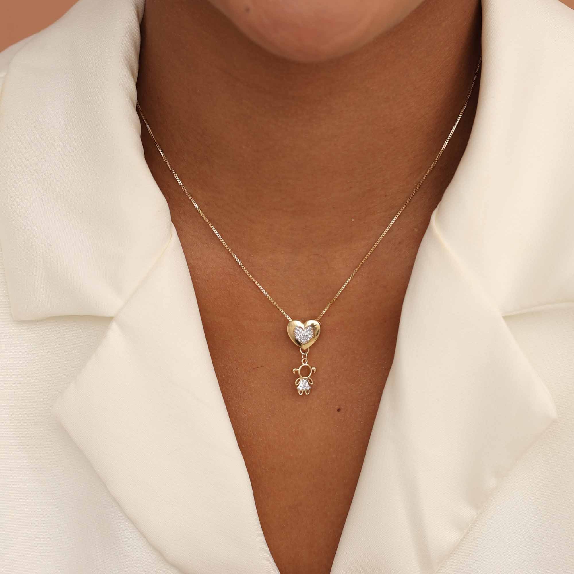 Colar Folheado a Ouro 18k Coração e Filha Cravejado Dourado 2