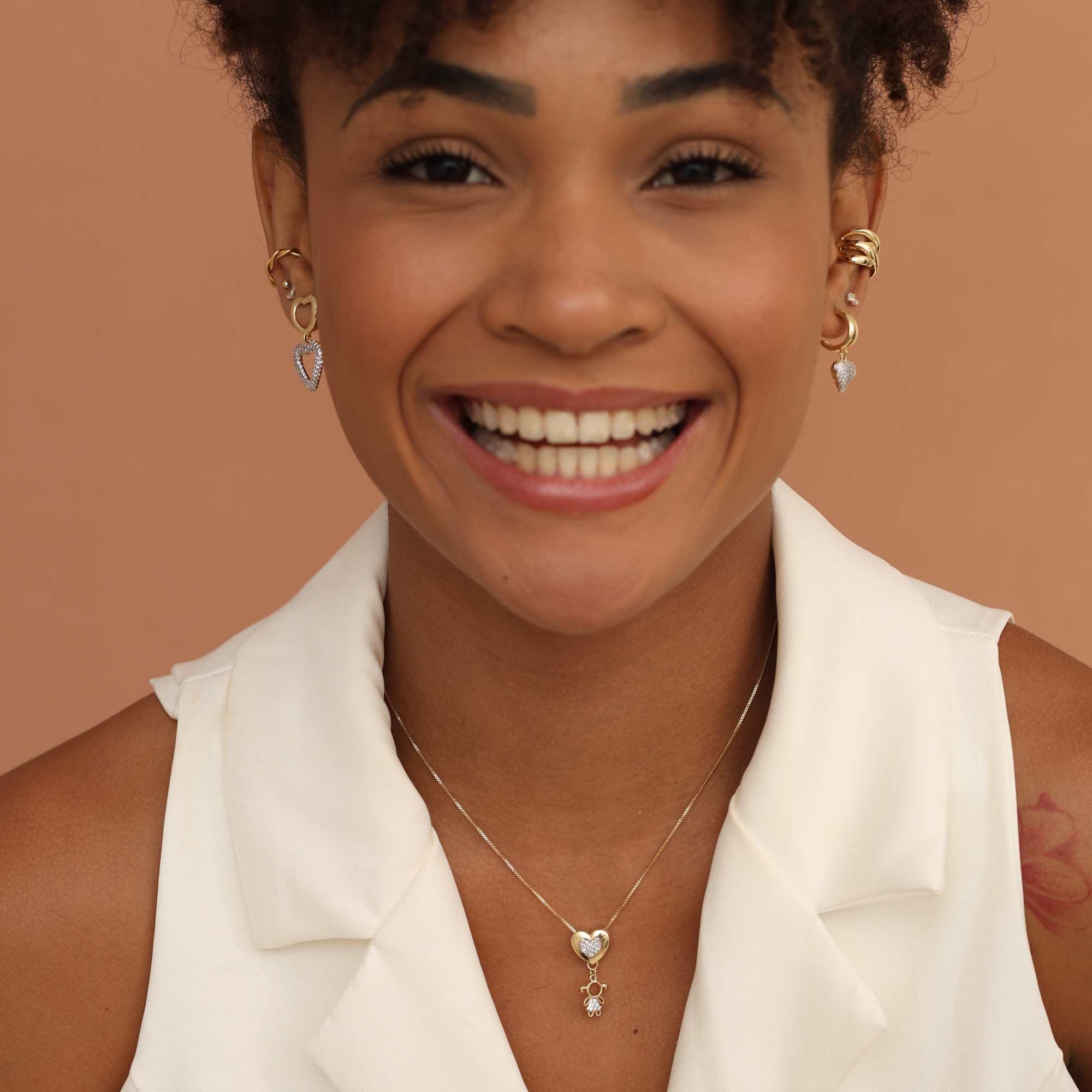 Colar Folheado a Ouro 18k Coração e Filha Cravejado Dourado 3