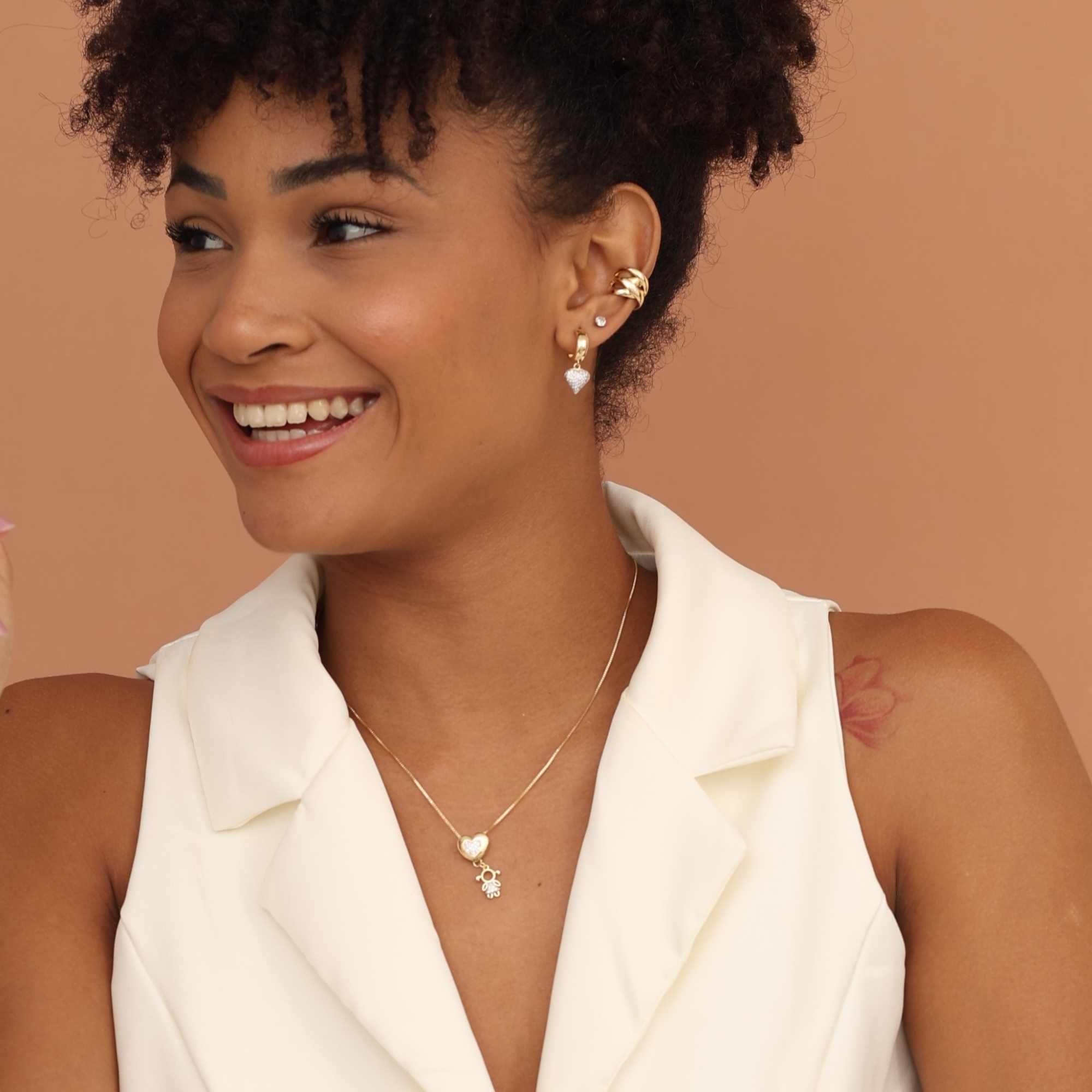 Colar Folheado a Ouro 18k Coração e Filha Cravejado Dourado 6