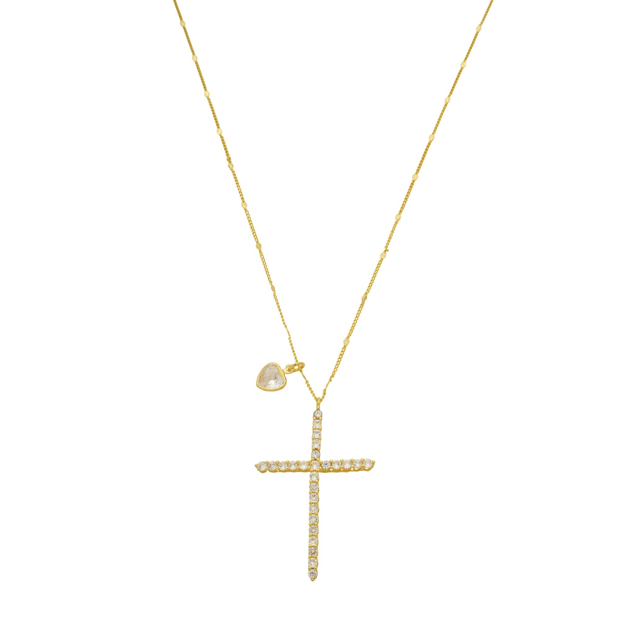 Colar Folheado a Ouro 18k Coração e Crucifixo Cravejado