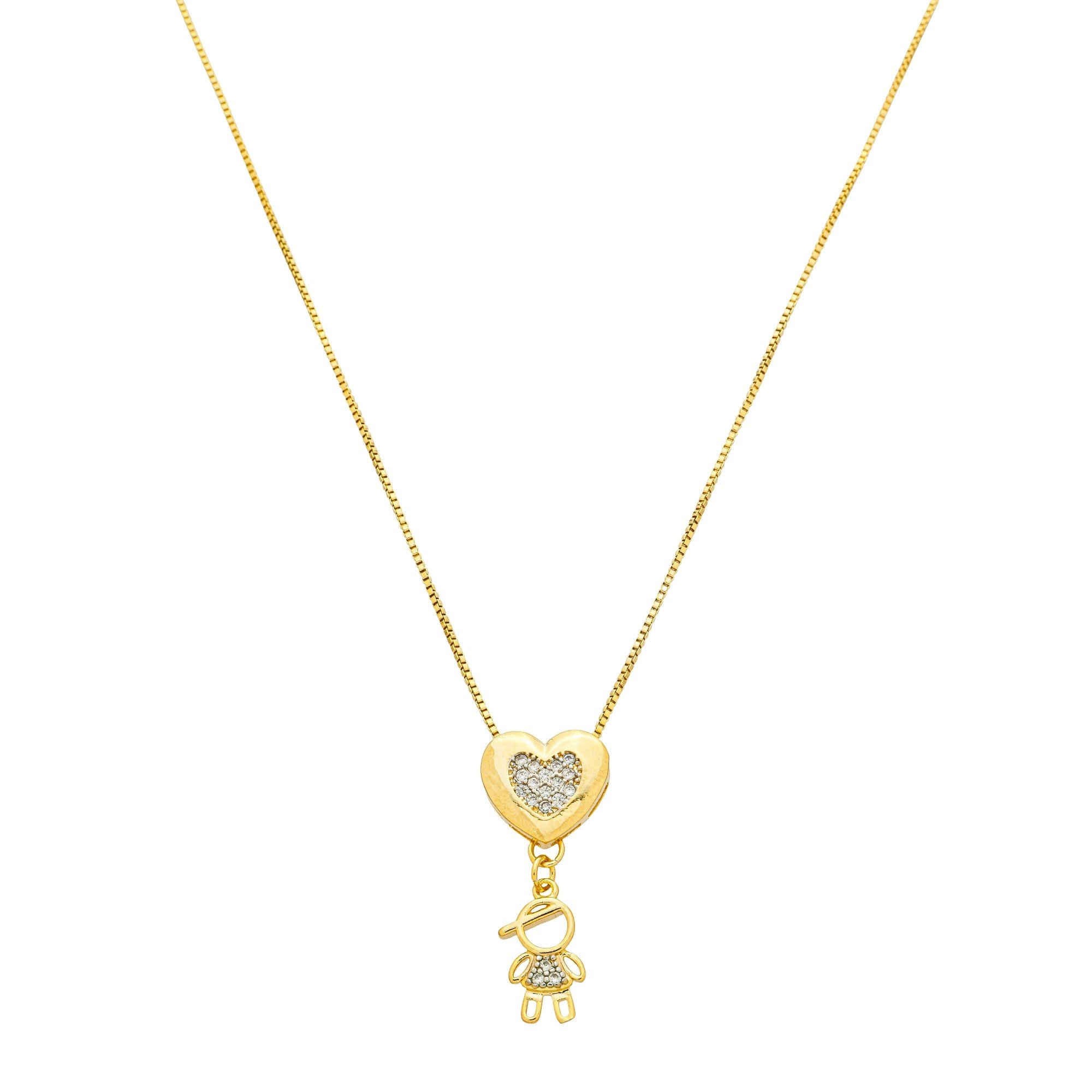 Colar Folheado a Ouro 18k Coração e Filho Cravejado