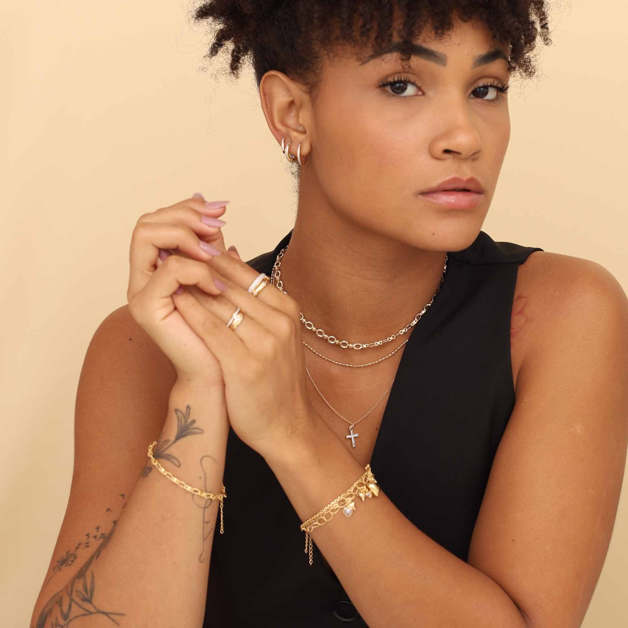 Colar Folheado a Ouro 18k Elo Português Pingente Crucifixo Cravejado P Dourado 2